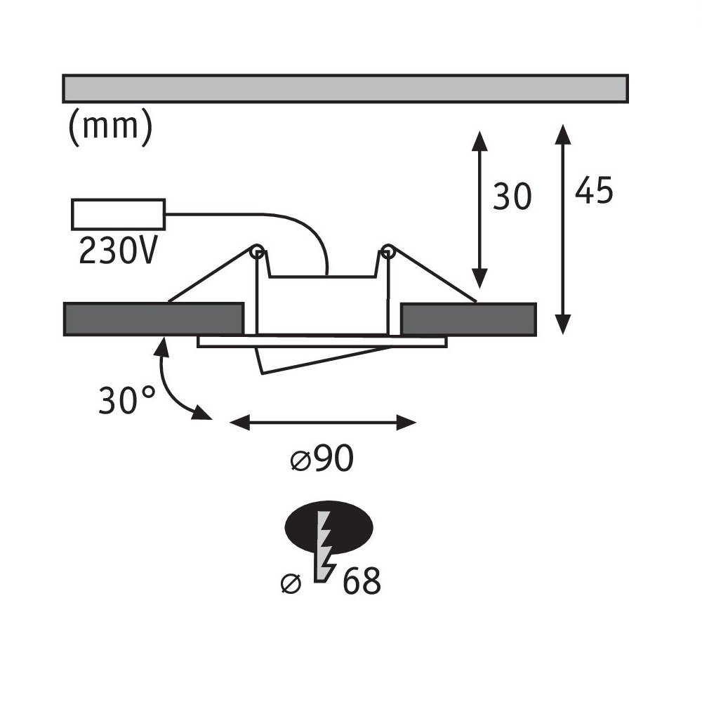 Diagramm einer Einbauleuchte mit Abmessungen und Spannungsinformationen.
