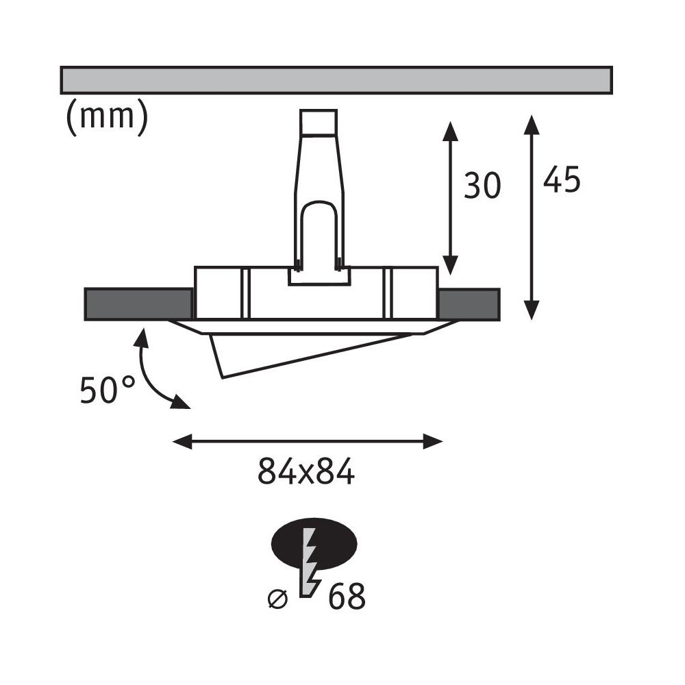 Diagramm einer Einbauleuchte mit Abmessungen und einem Winkelanzeiger.