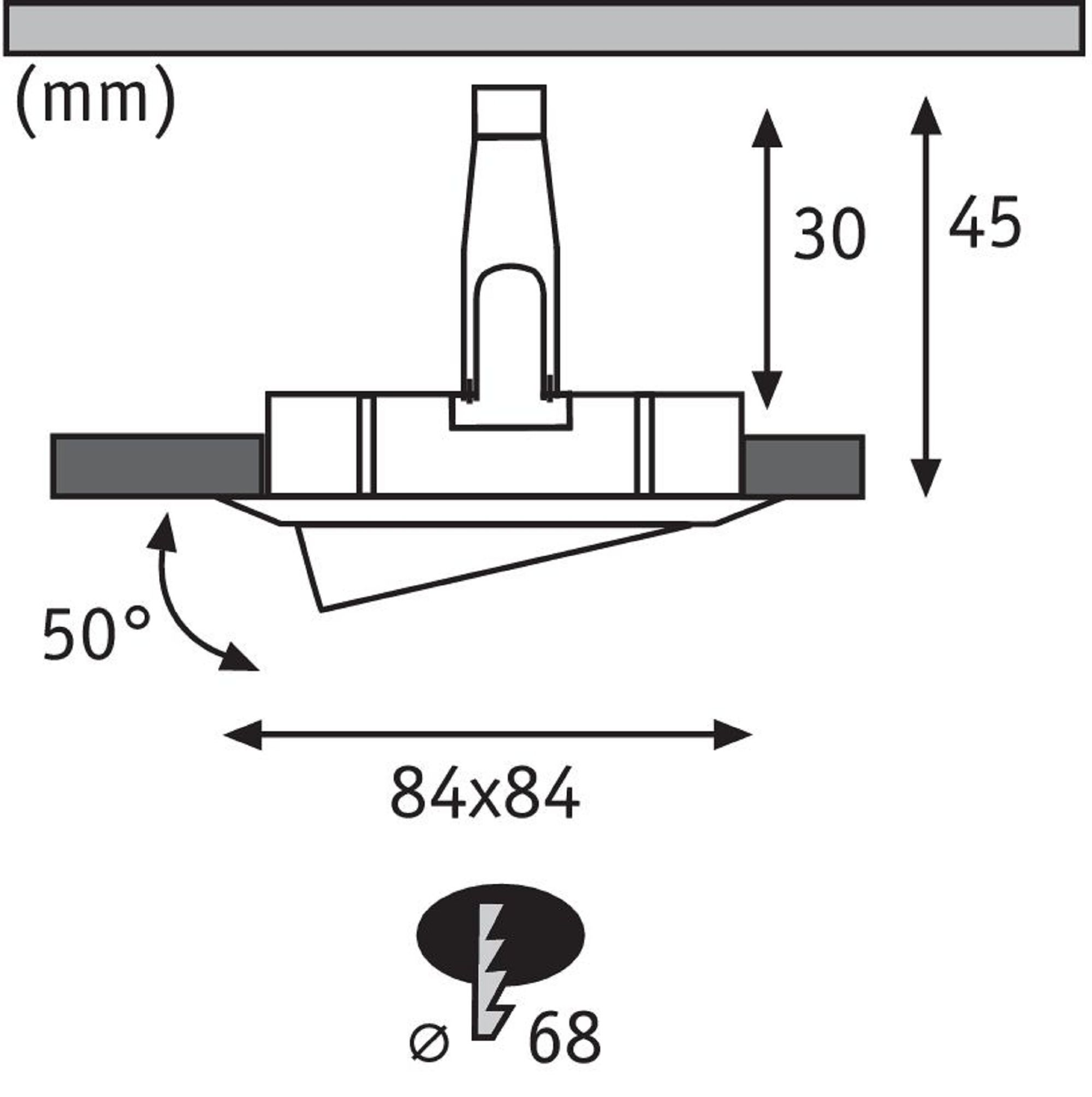 Diagramm einer Leuchte mit Abmessungen. Es ist weiß und hat eine T-Form mit Messungen.