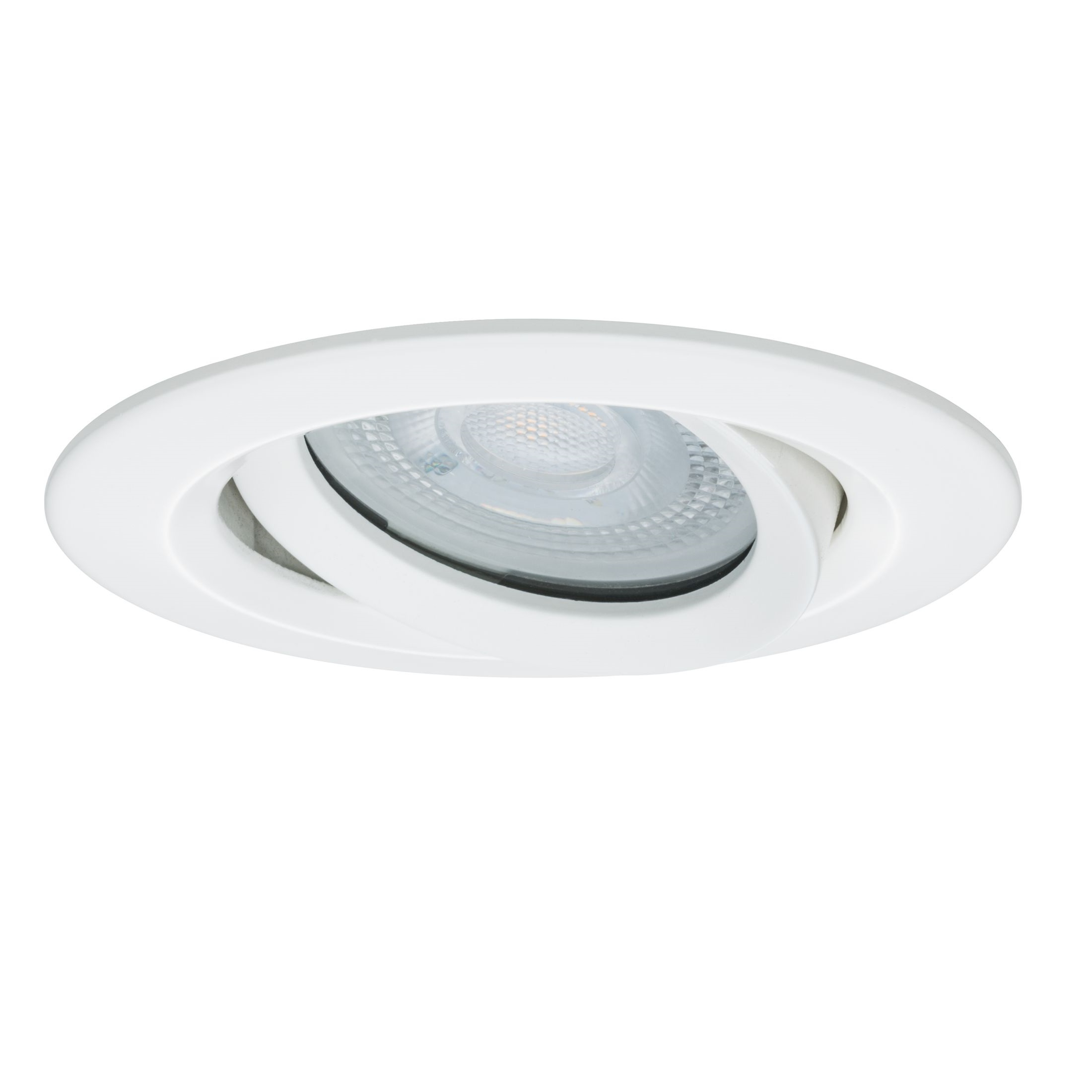 Faretto da incasso bianco. La sorgente luminosa è visibile e angolata, con cornice bianca.