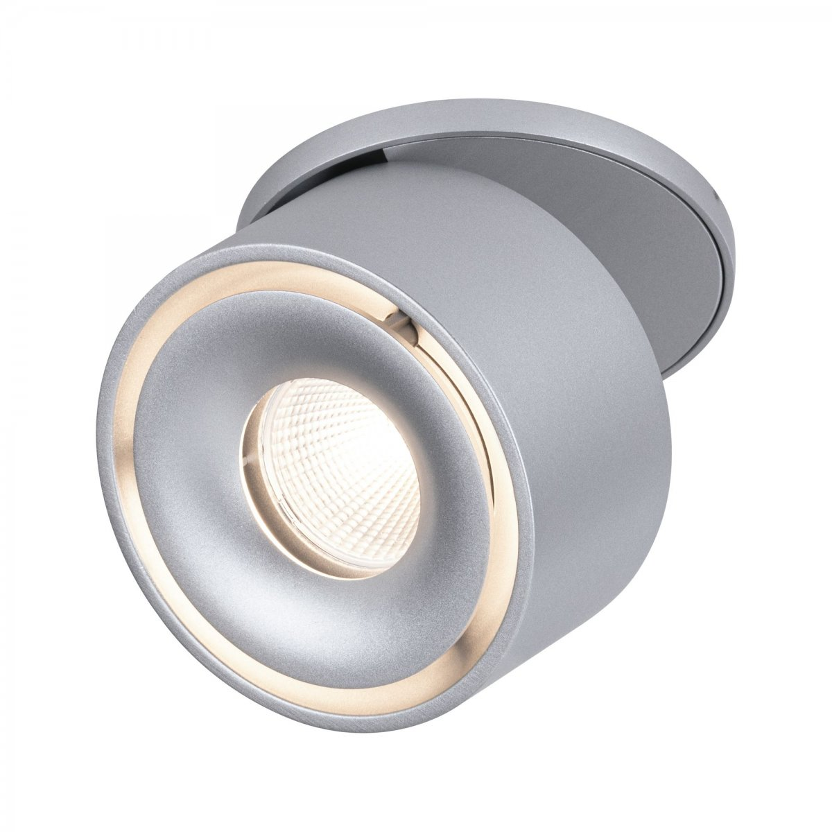 Silbergraue, zylindrische Deckenleuchte mit goldfarbenem Ring um das Licht.