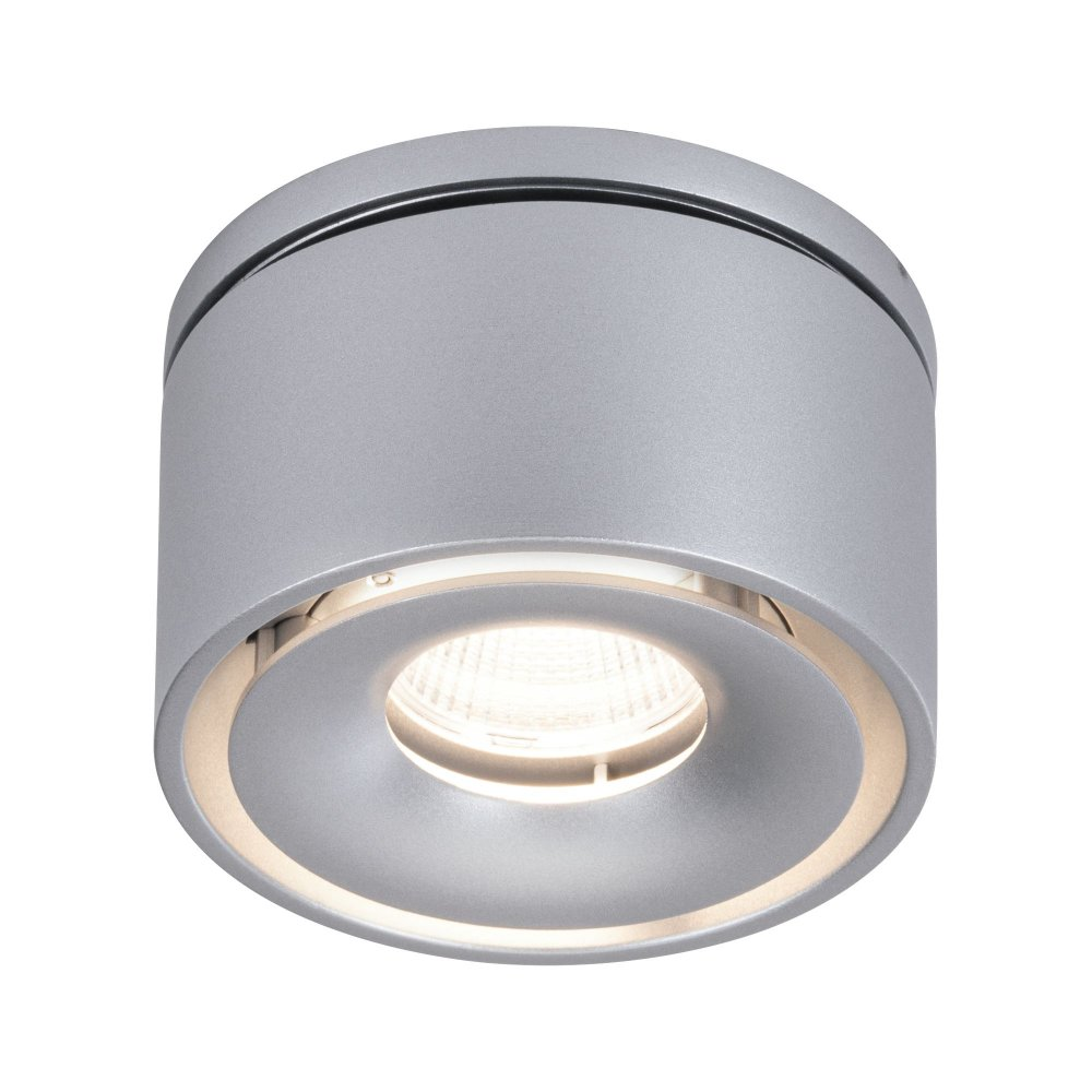 Silberne, zylindrische Deckenleuchte. Kreisförmiges Design, mit hellem Licht.
