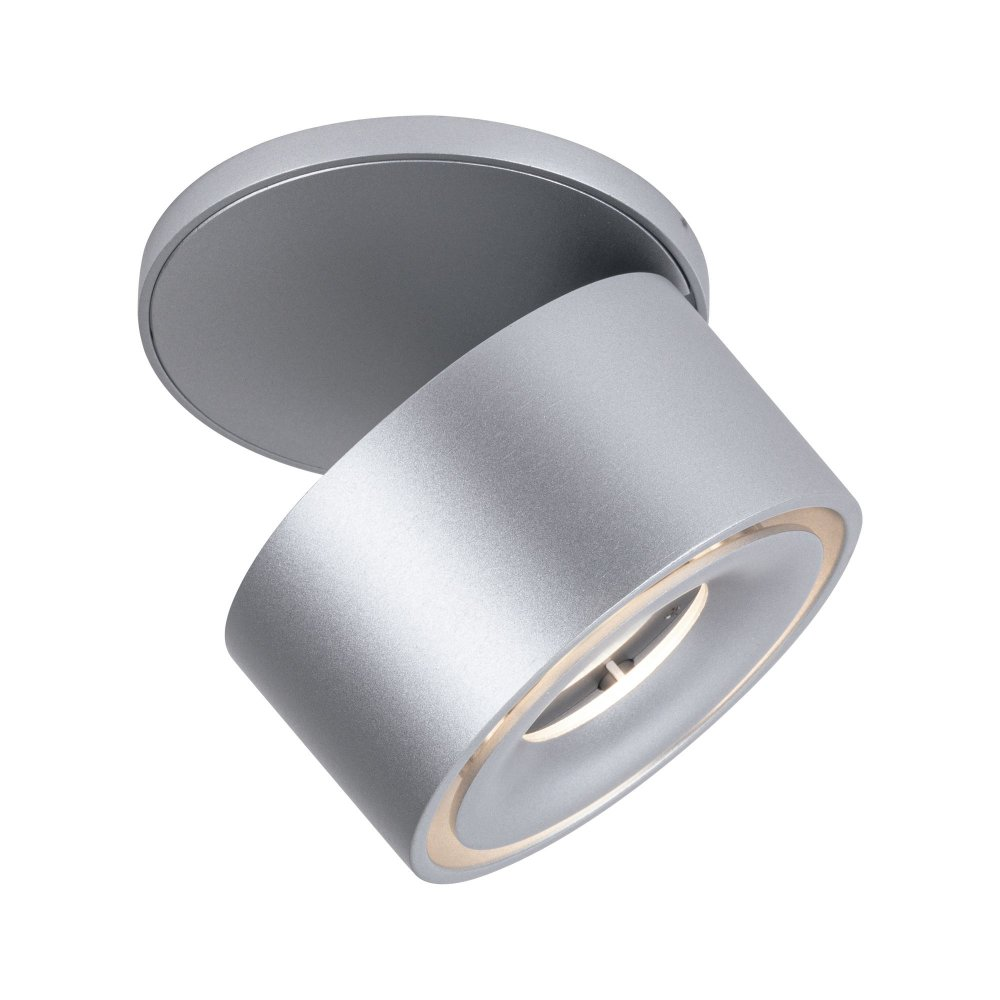 Silberne Strahlerlampe auf weißem Hintergrund, schräge Ansicht.
