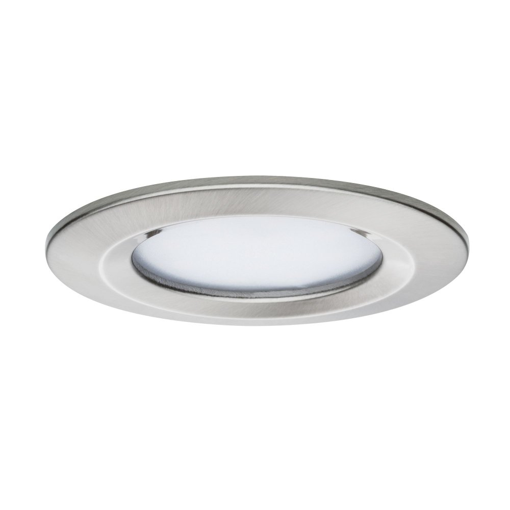 Runde, silberne Einbauleuchte mit weißer Lichtquelle. Einfaches, modernes Design.