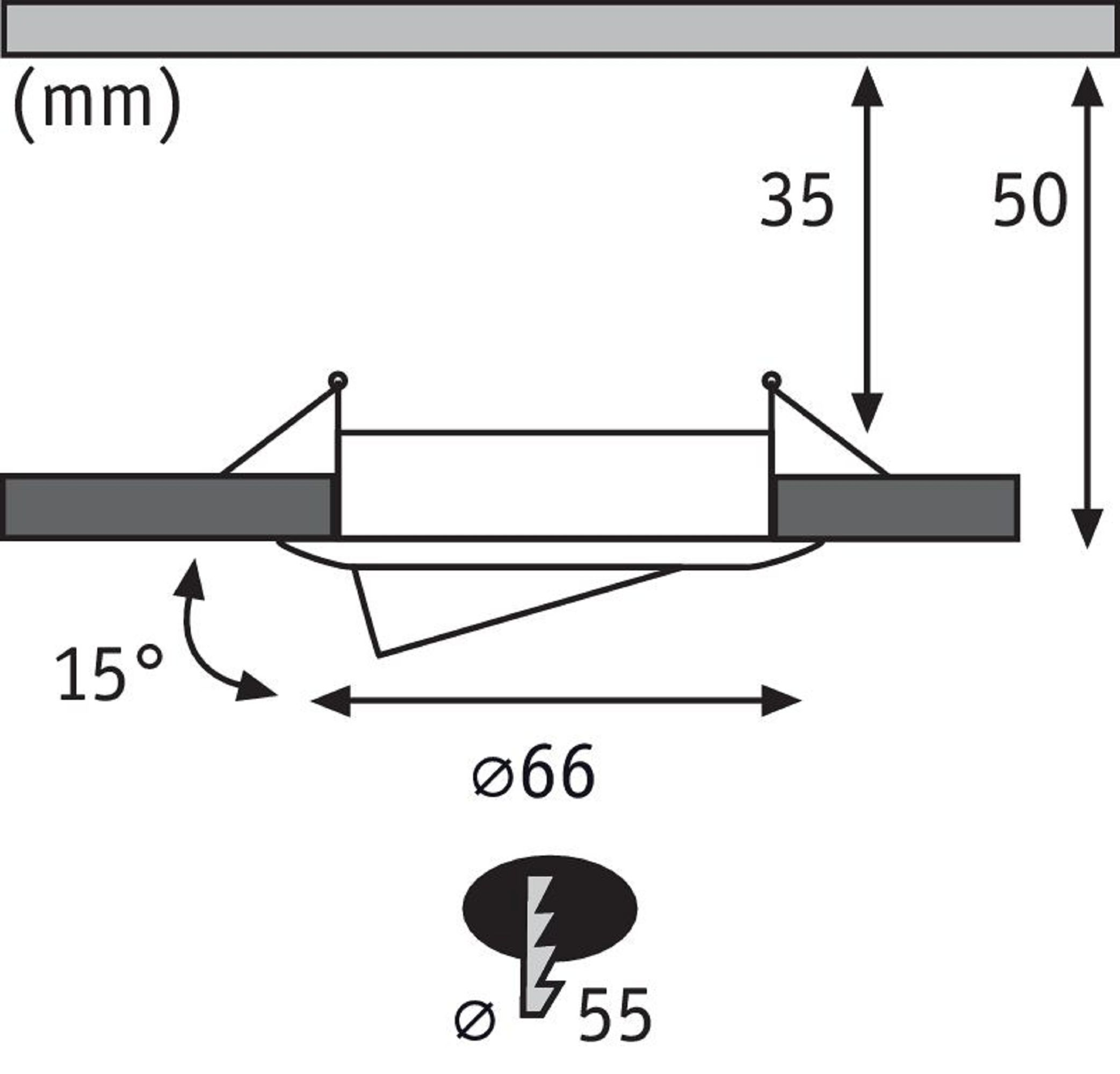 Diagramm einer Einbauleuchte, mit Maßen und technischen Details.
