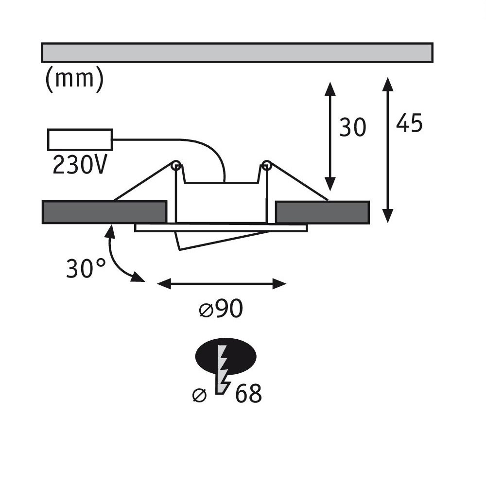 Diagramme montrant les dimensions et les angles pour l'installation d'un luminaire encastré.
