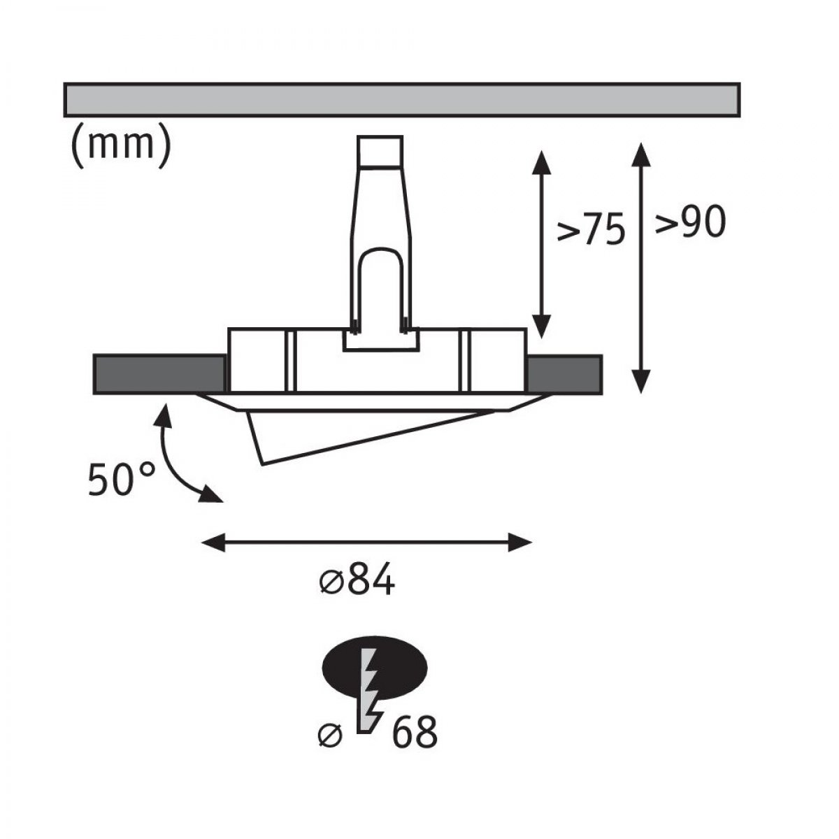 Diagramm einer Einbauleuchte mit Maßangaben und Winkeln.