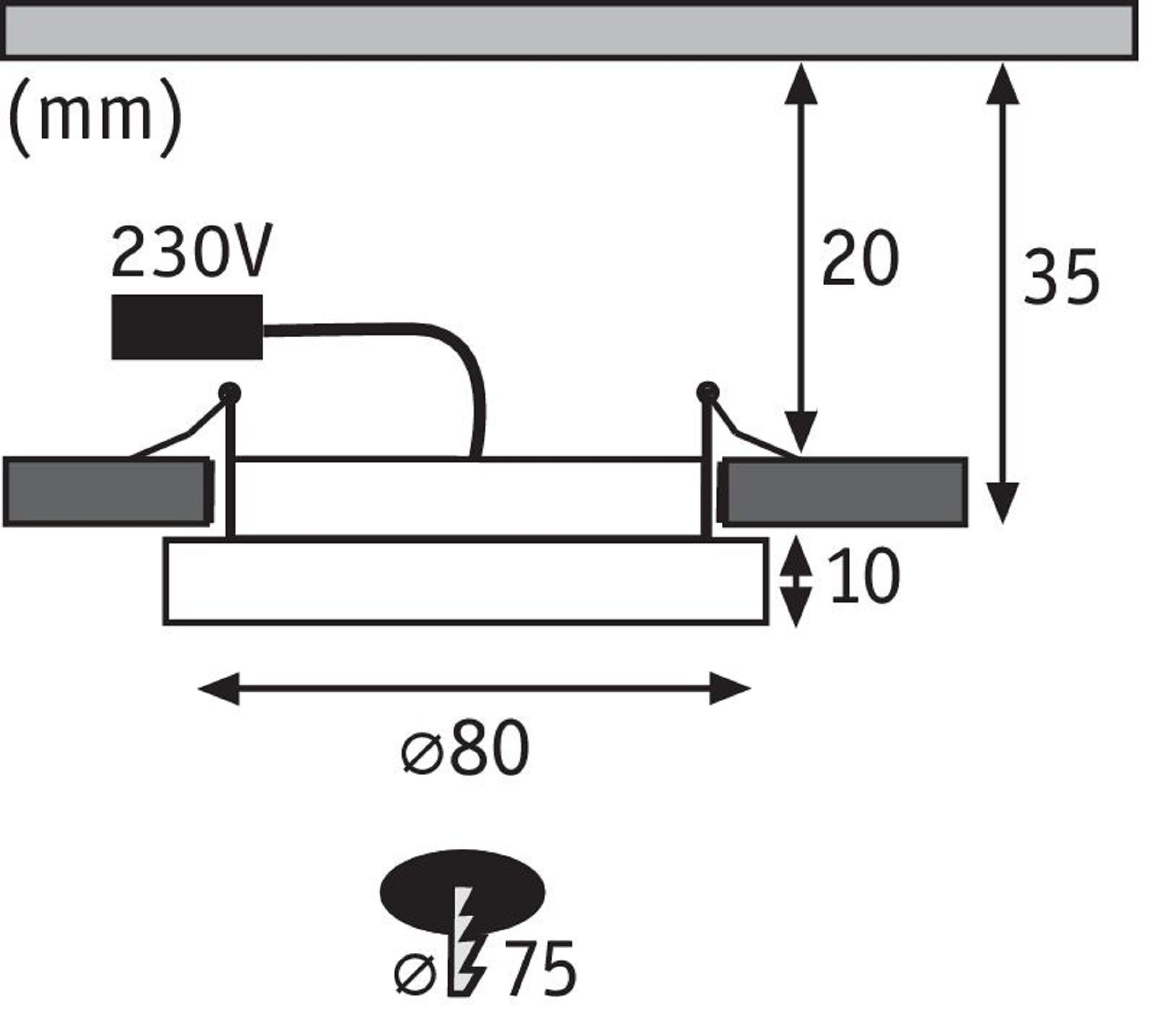 Diagramm zeigt Abmessungen der Deckenleuchte. Pfeile zeigen Maße in mm.
