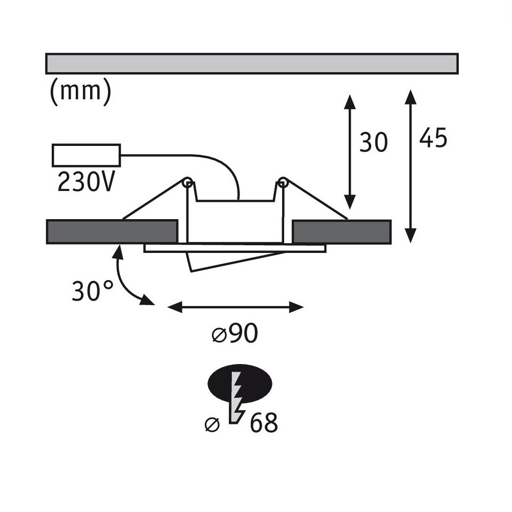 Diagramm einer Deckenleuchteninstallation mit Maßen.