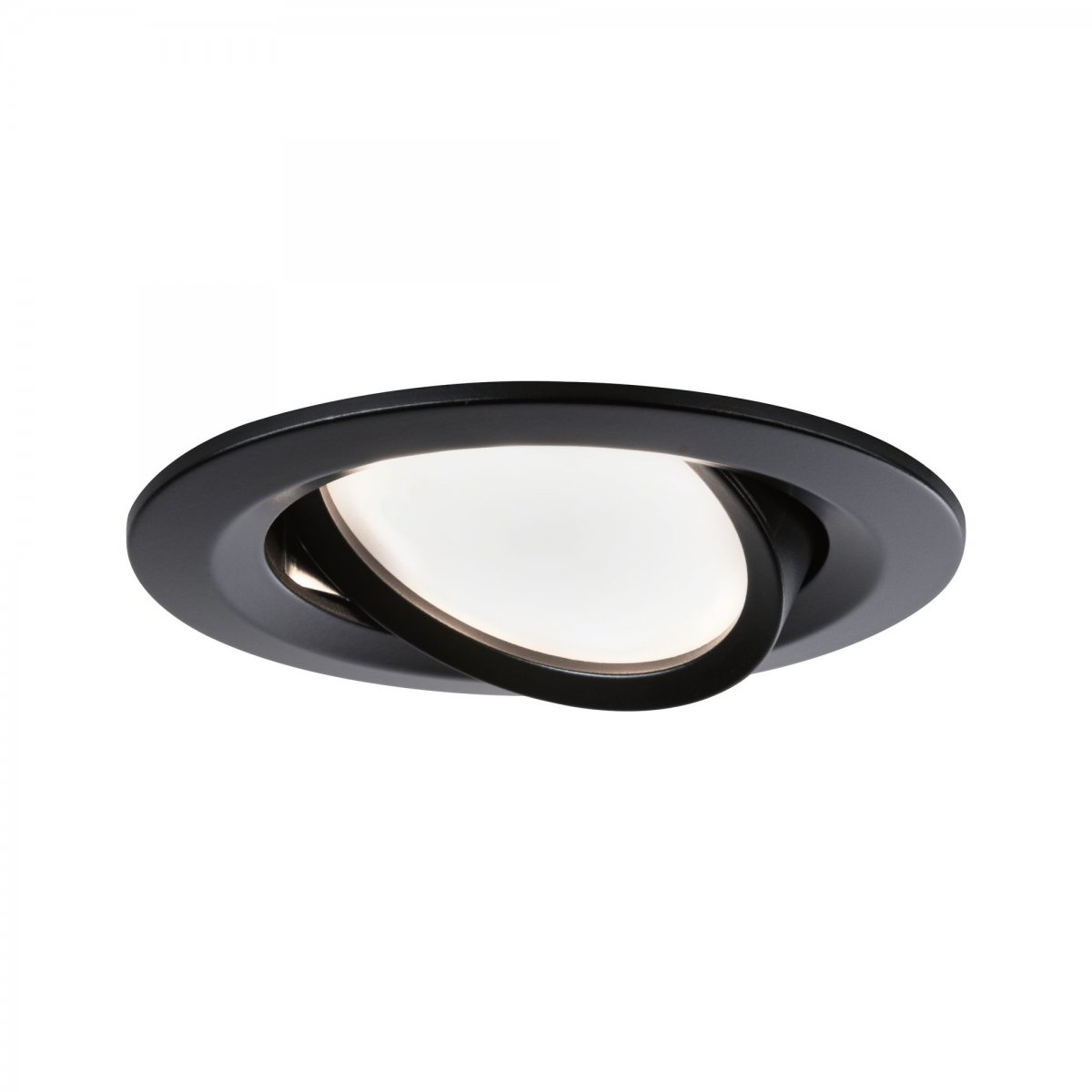 Lumière de plafond encastrée noire avec une source de lumière blanche de forme ovale.