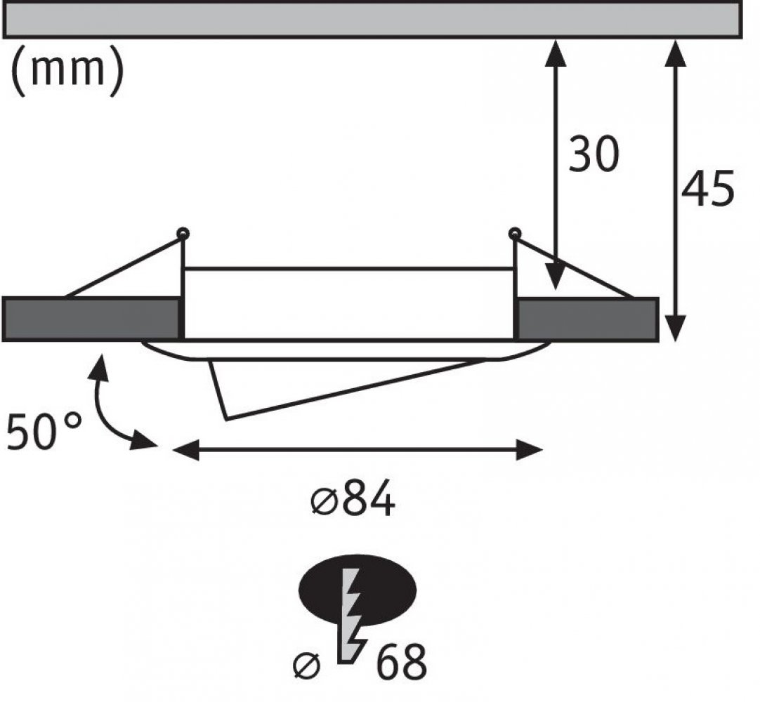 Schéma d'un luminaire encastré, avec mesures et angles.