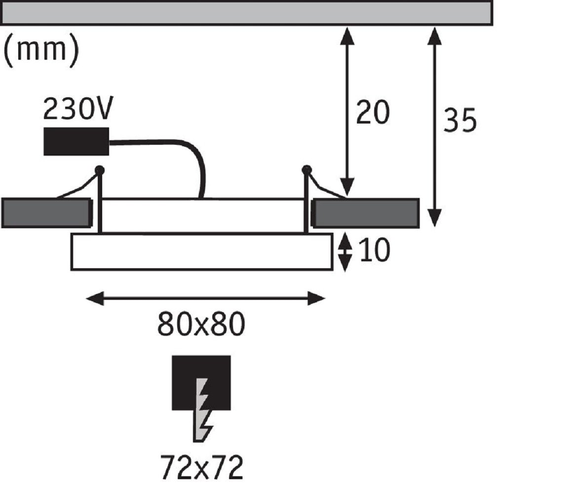 Diagramm mit elektrischen Komponenten und Maßen: 80x80mm, 72x72mm, 20mm, 35mm und 10mm.