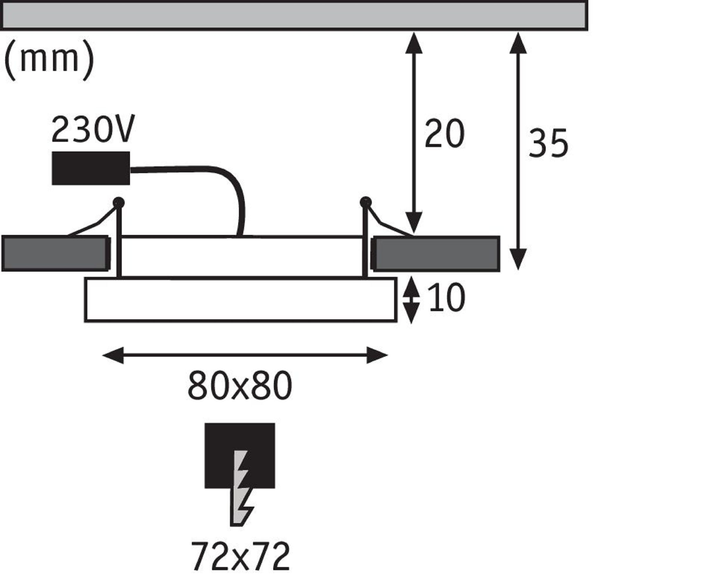 Diagramm einer elektrischen Komponente mit Abmessungen und 230V-Stromeingang.