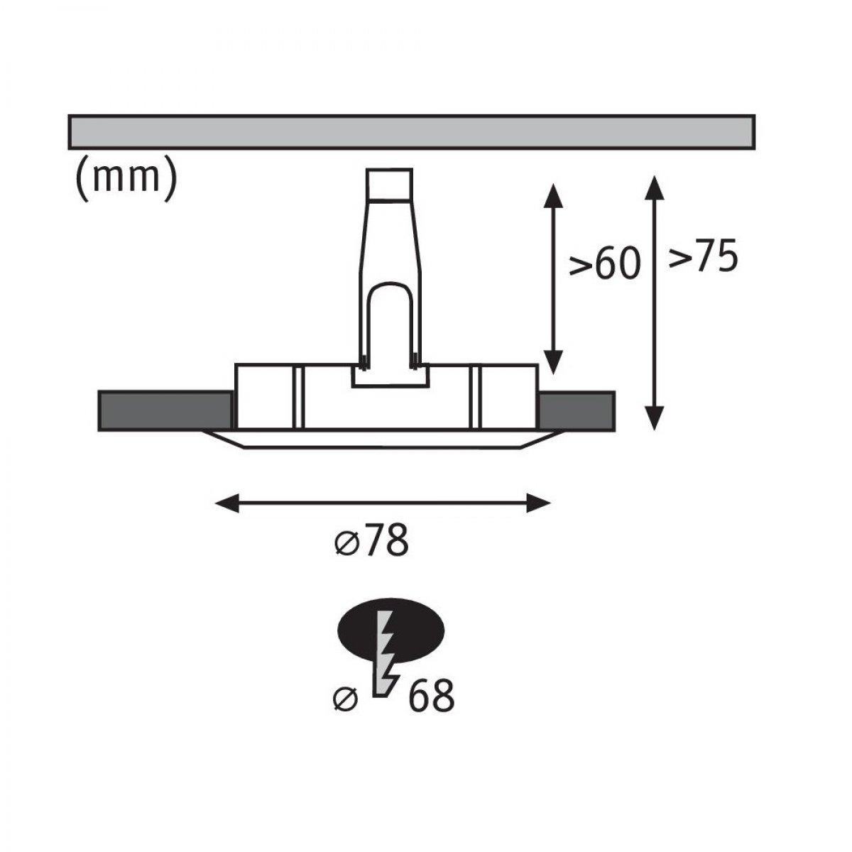 Diagramm einer Lampe mit Abmessungen und elektrischem Symbol. Maße in mm, mit Pfeilen und Zahlen.