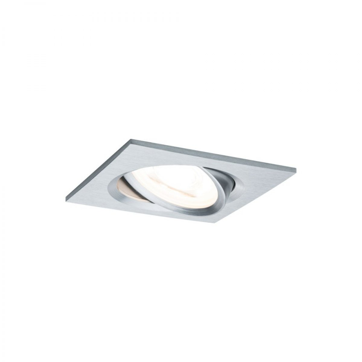 Eine quadratische, silberfarbene Einbauleuchte. Das Licht im Inneren ist oval.
