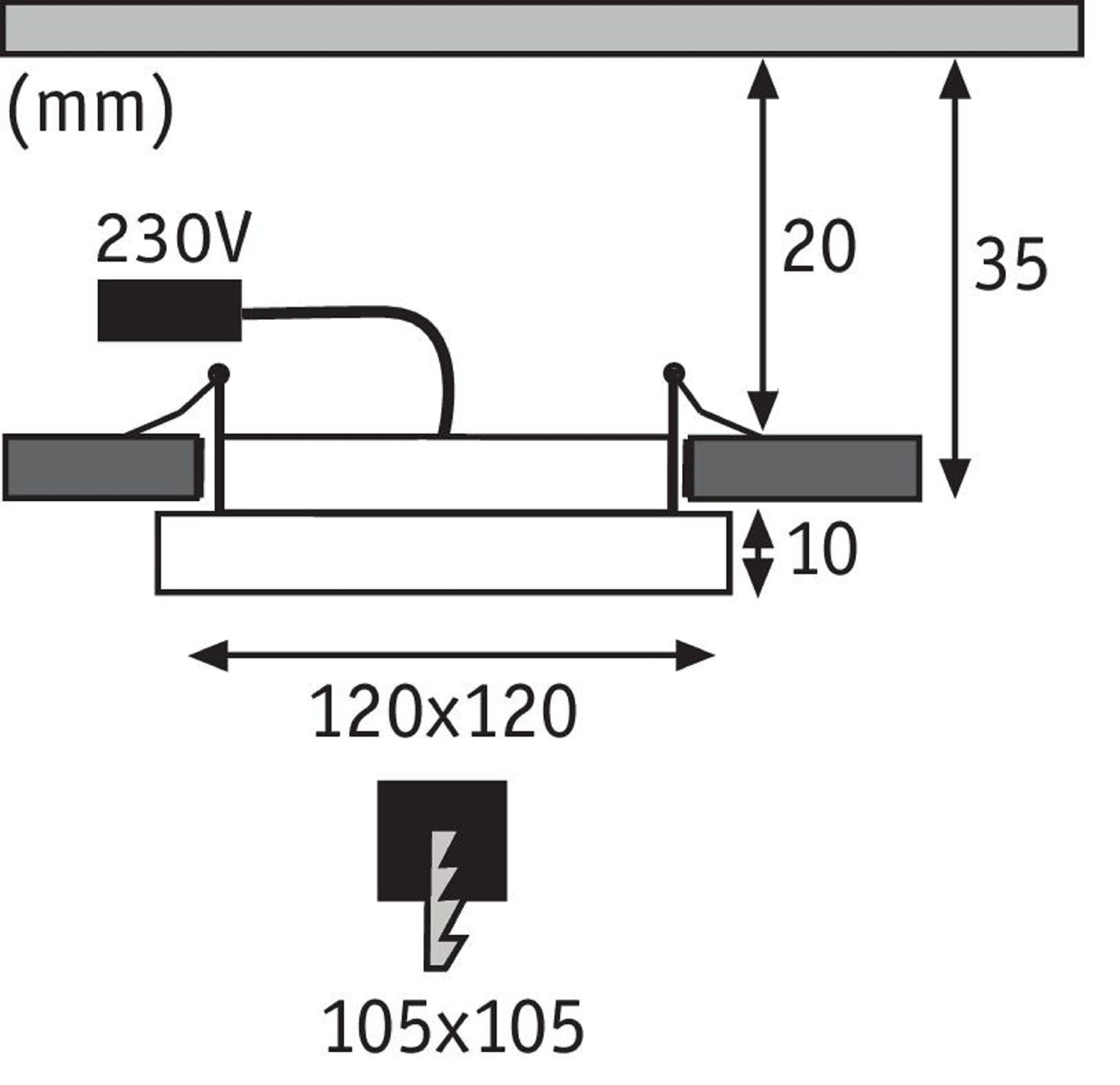 Diagramm der Abmessungen. Zwei horizontale Rechtecke sind mit Drähten verbunden. Text: 230V, 120x120, 105x105, 20, 35.