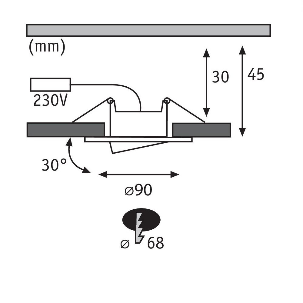 Diagramm einer elektrischen Komponente mit Abmessungen, 230V-Eingang und Winkelangabe.