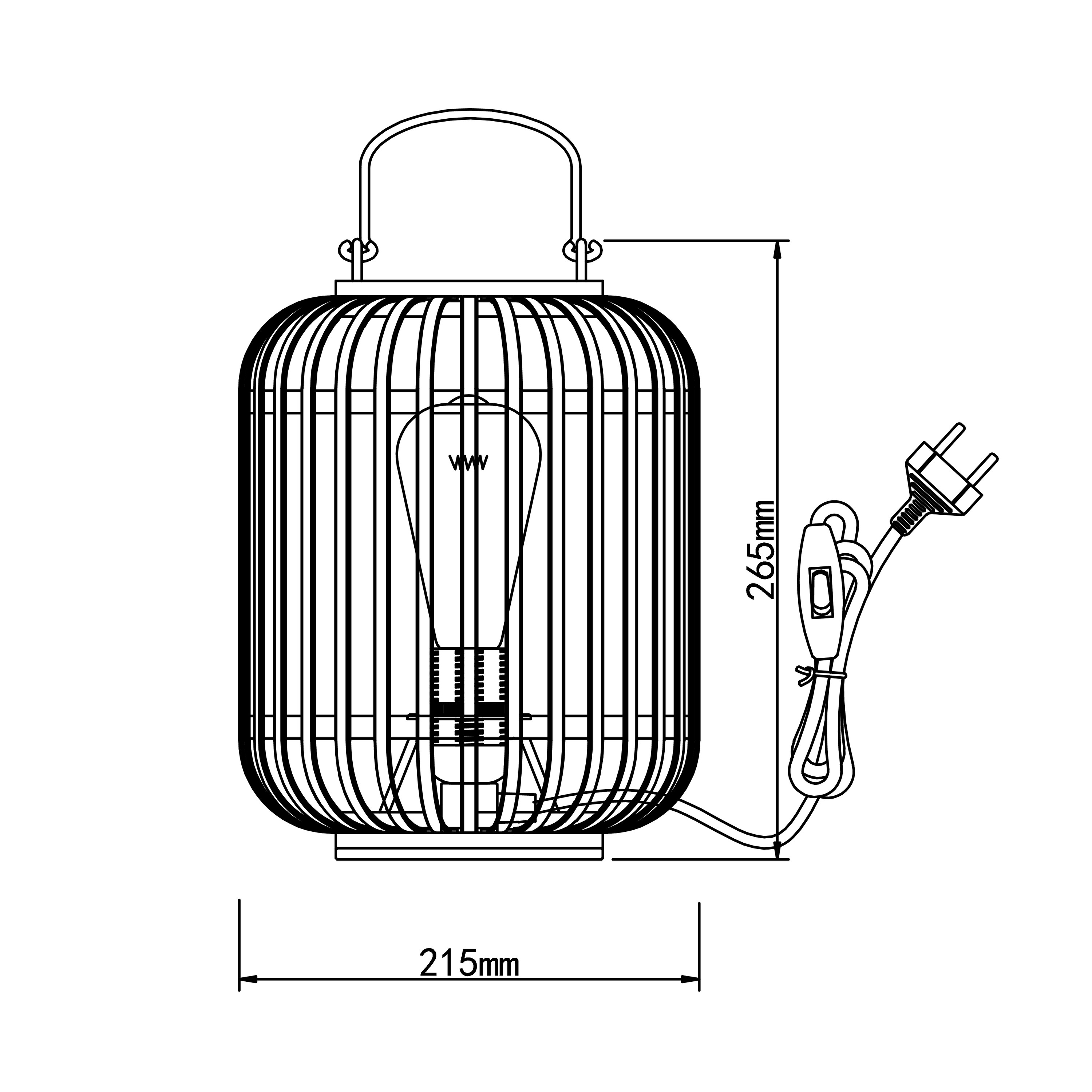 Eine Draufsicht eines Laternenstils mit Maßen. Enthält Glühbirne, Kabel und Stecker.