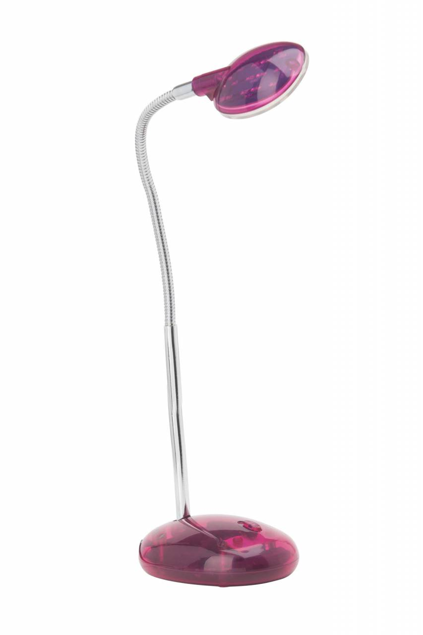 Rosa Schreibtischlampe mit flexiblem silbernen Hals, ovalem Sockel und Leuchtkopf. Weißer Hintergrund.