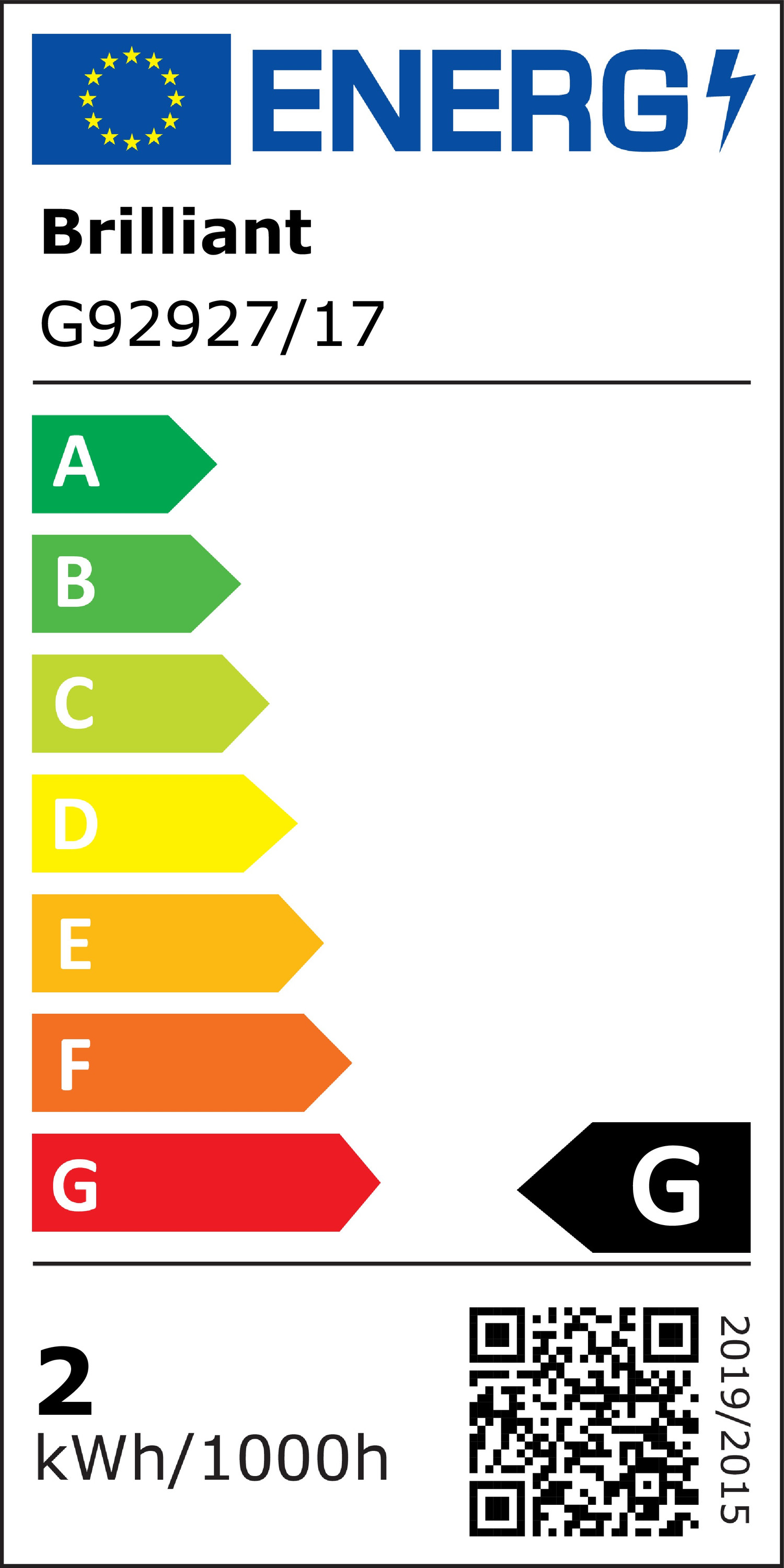 Energieeffizienz-Etikett, Grün-Rot-Spektrum, mit QR-Code und Produktdetails.