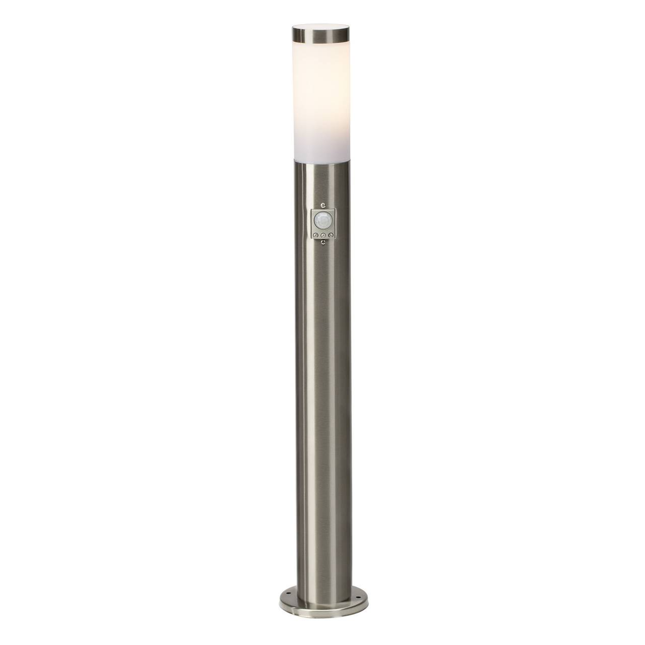 Eine silberne Laterne mit weißem Lichtkopf und Bewegungssensor.