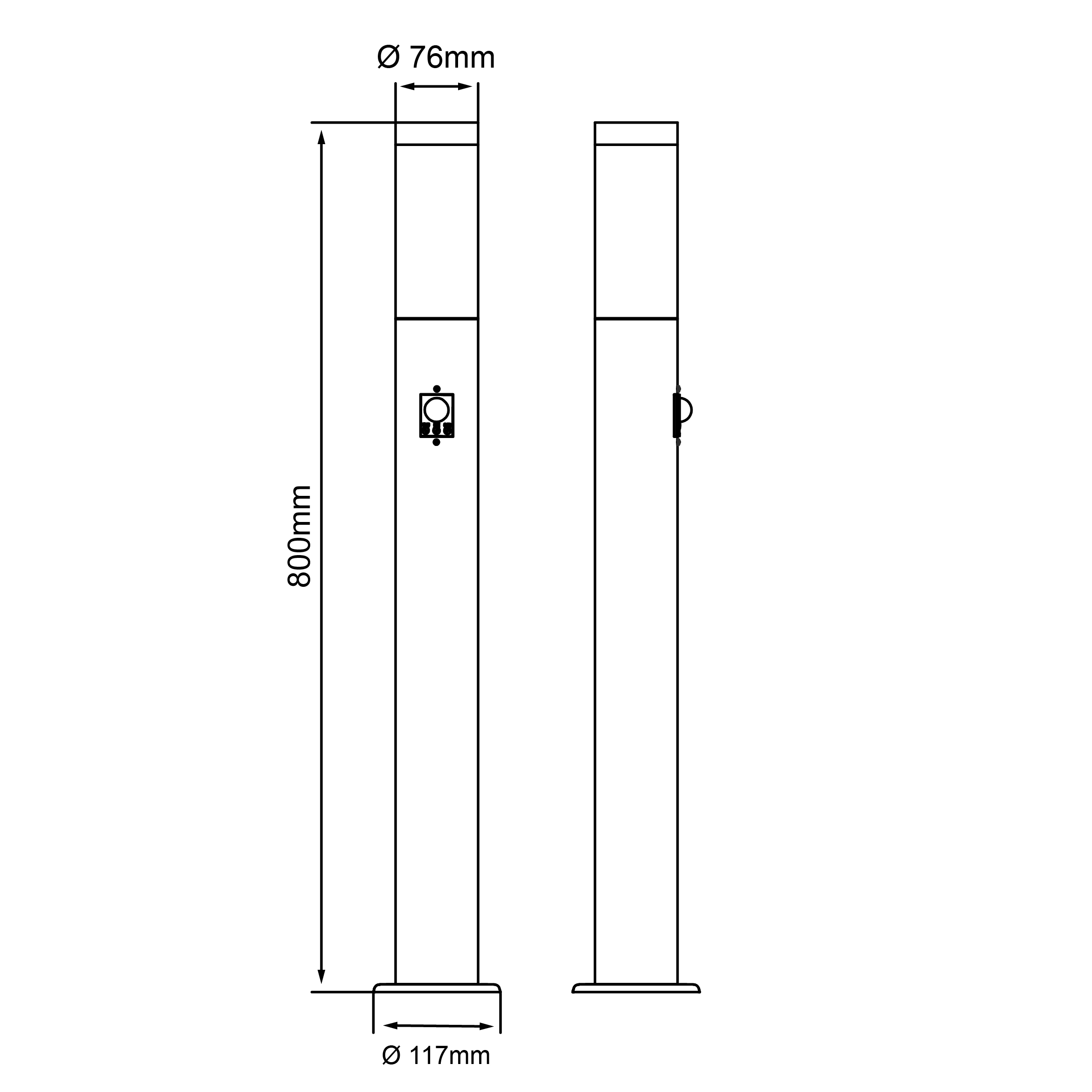 Technische Zeichnung eines 800mm hohen Poller mit 76mm Durchmesser.
