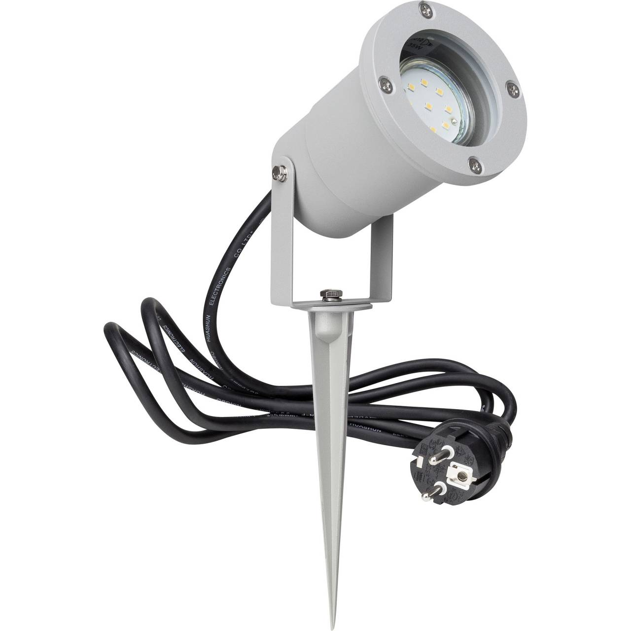 Ein grauer LED-Gartenstrahler mit Erdspieß, schwarzem Kabel und Stecker.