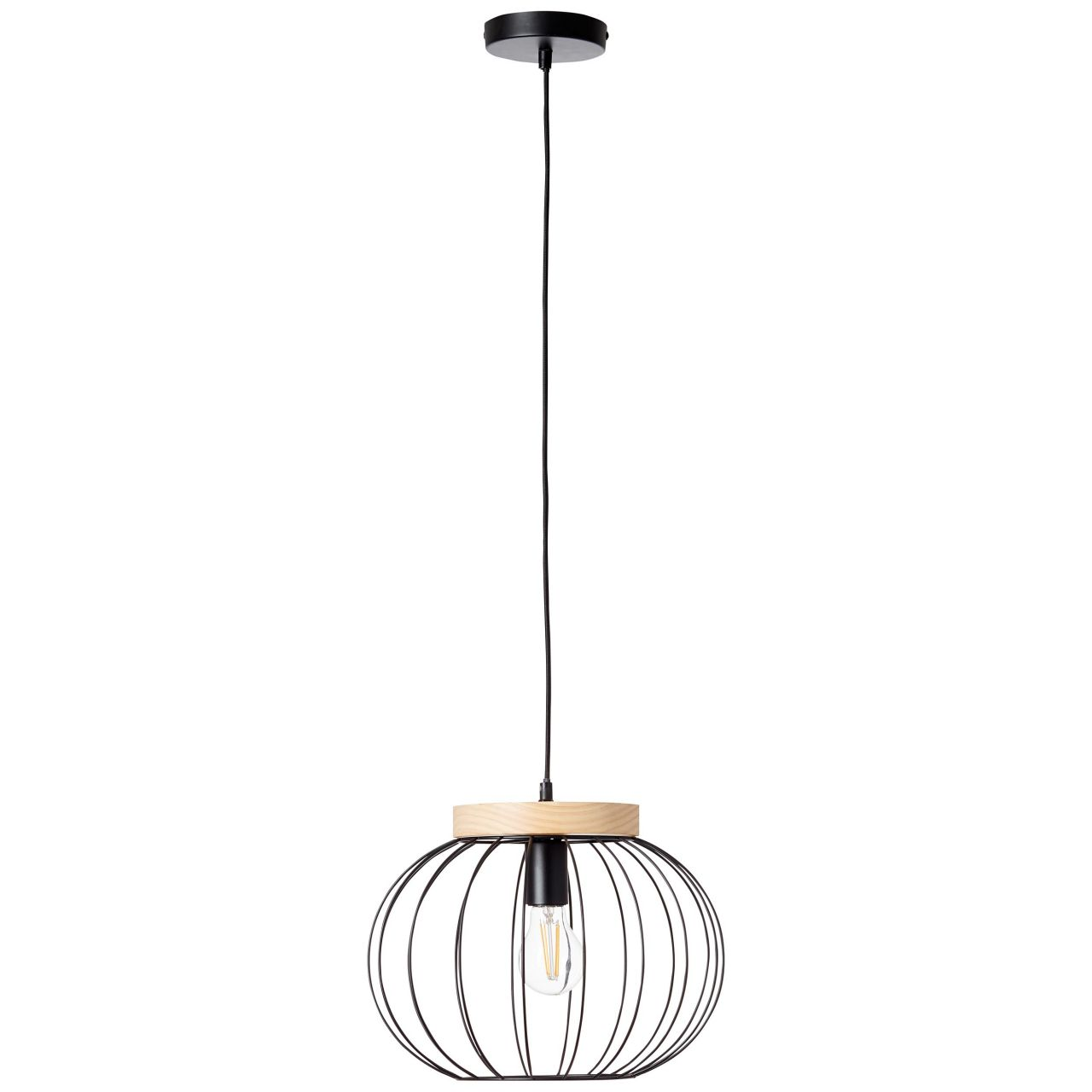 Eine Pendelleuchte mit schwarzem Drahtkäfig, Holzdetail und Glühbirne.