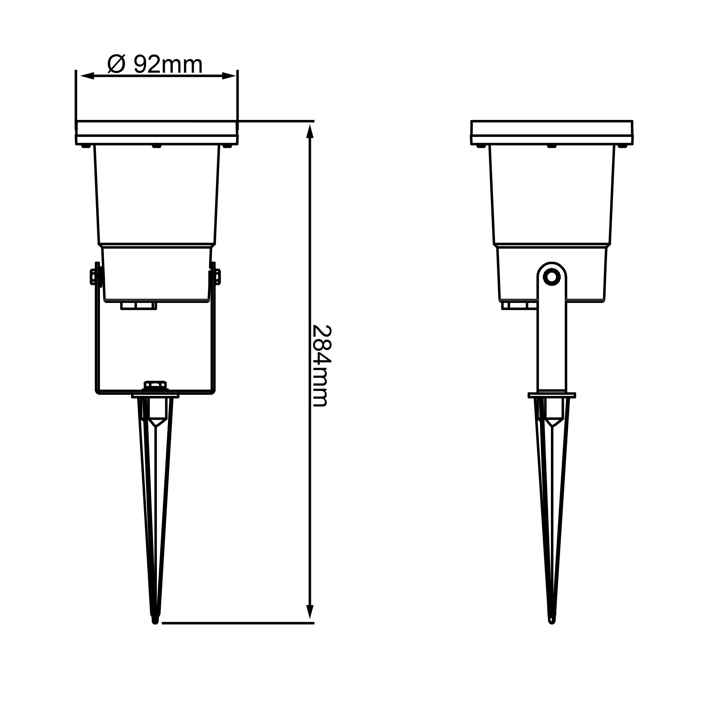 Technische Zeichnung eines Außenstrahlers mit Spieß. Durchmesser 92 mm, Höhe 284 mm.