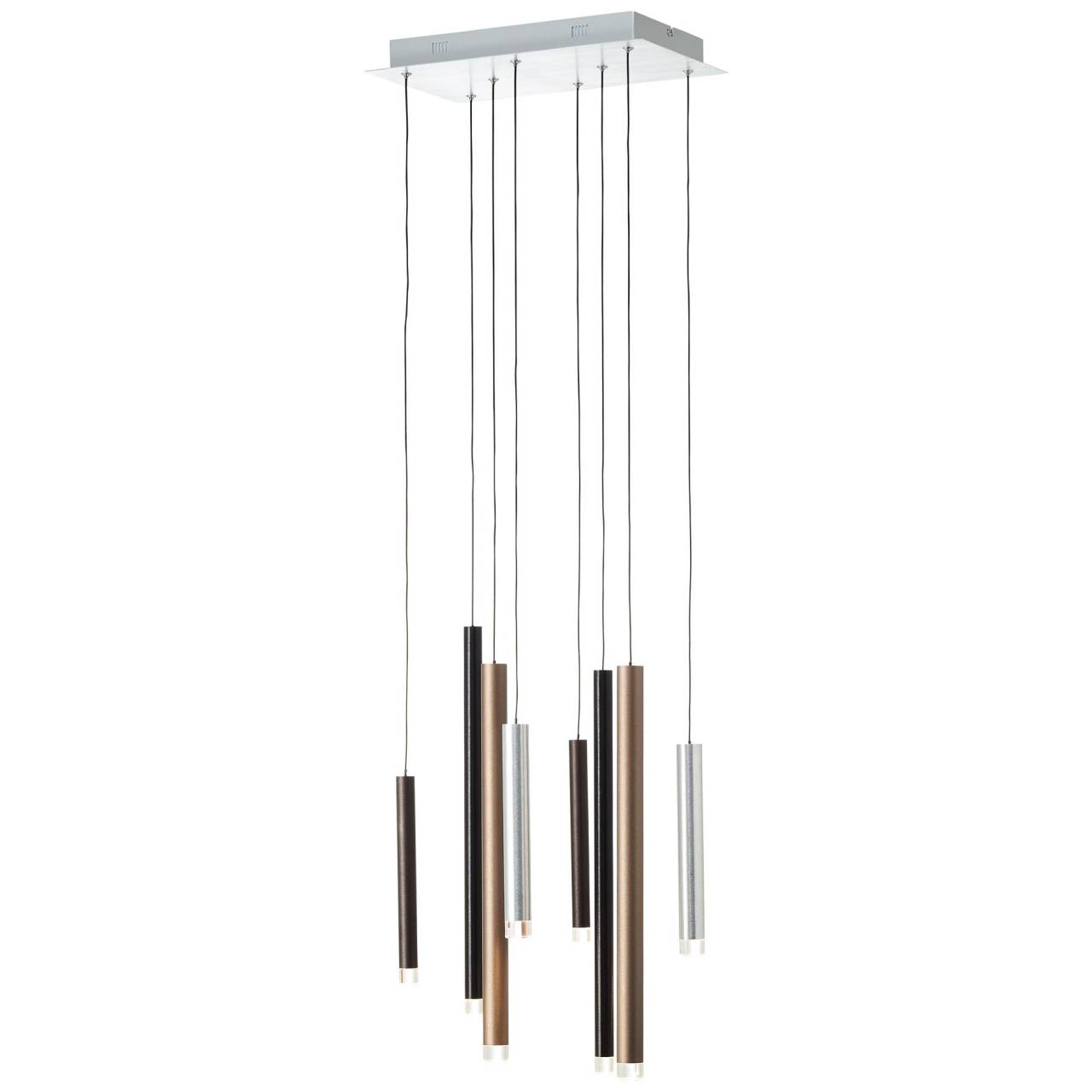 Eine moderne Pendelleuchte mit einem rechteckigen Baldachin und mehreren zylindrischen Anhängern in Schwarz, Kupfer und Silber.