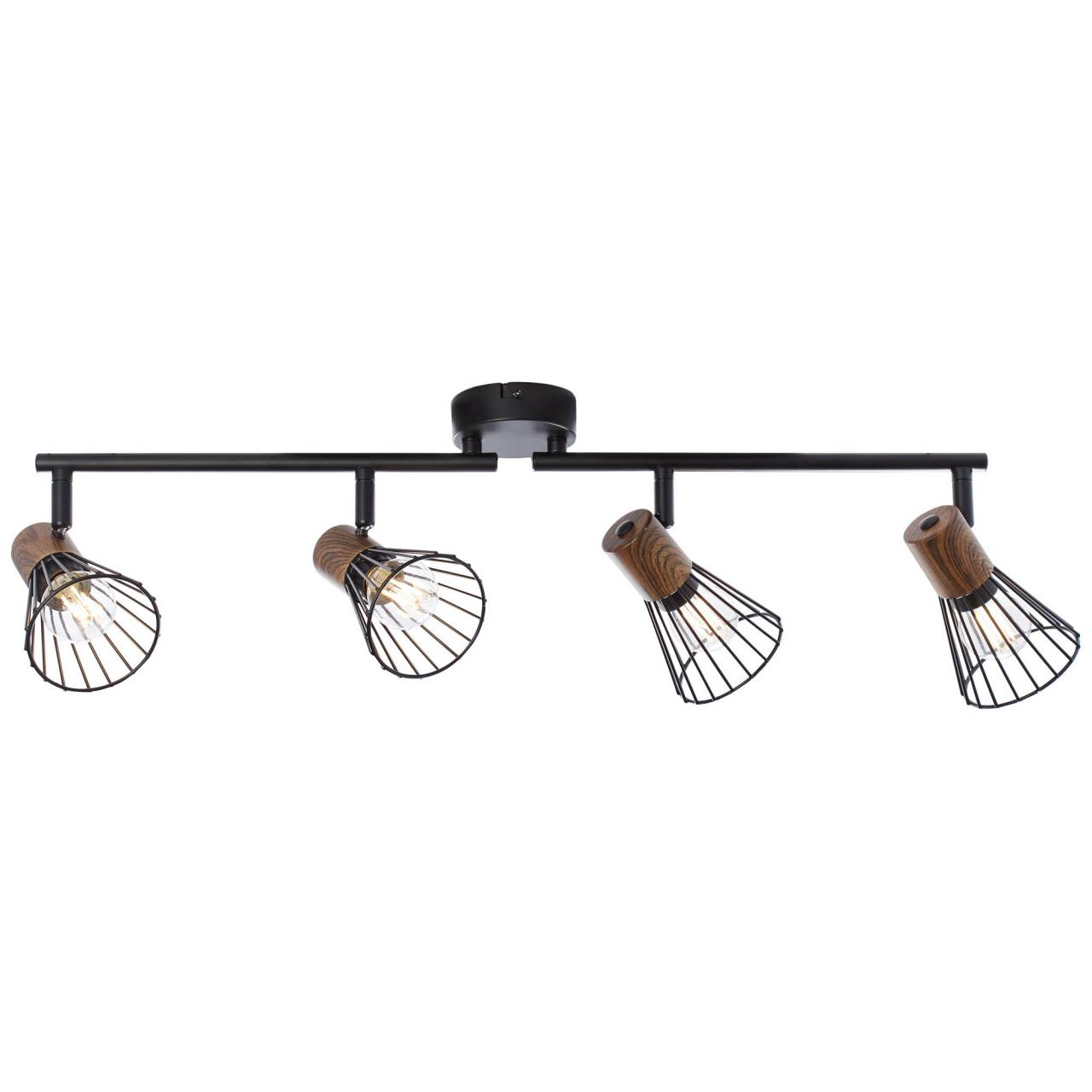 Schwarzer Deckenstrahler mit vier gerichteten Lampen und Holzakzenten.