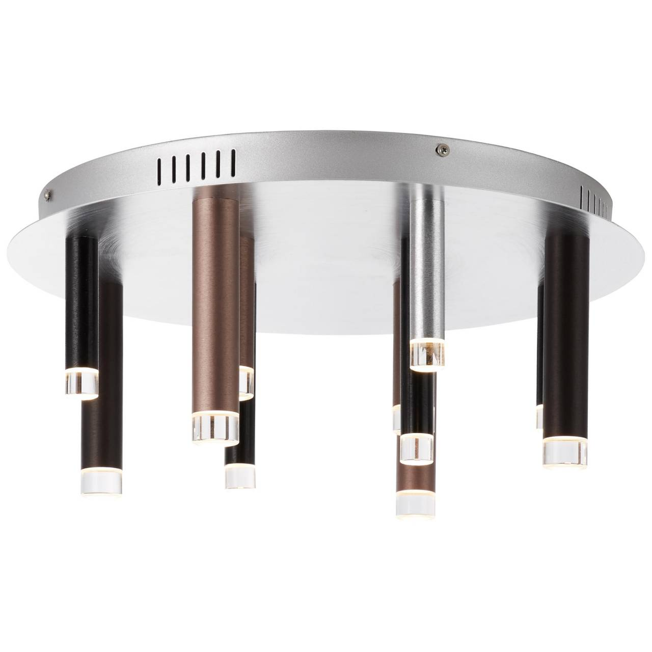 Eine moderne Deckenleuchte mit silberner Basis und mehreren zylindrischen Lampen in Schwarz und Bronze.