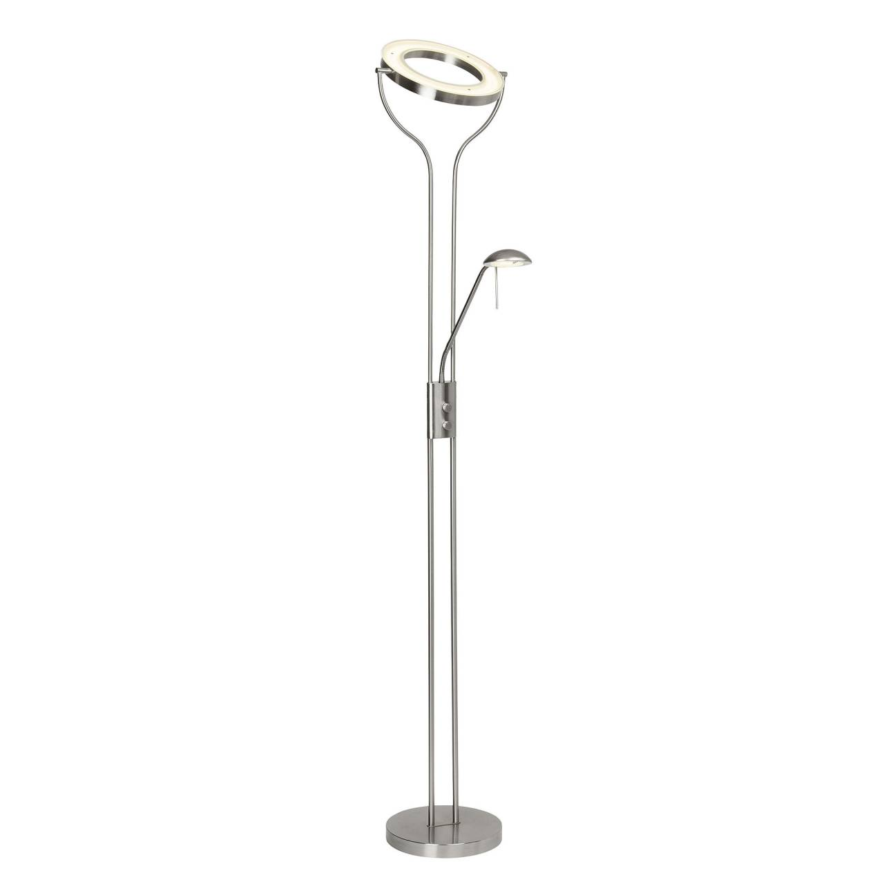 Eine silberne Stehleuchte mit zwei Lichtquellen: ein Ring oben und eine kleinere Lampe.