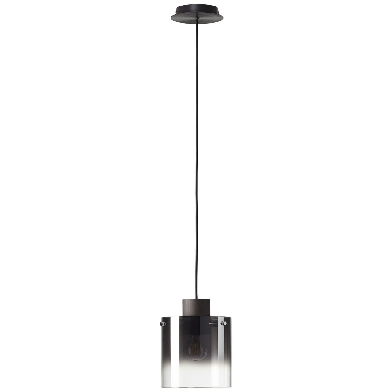 Eine moderne Pendelleuchte mit einem dunklen Zylinderglas und schwarzem Kabel.