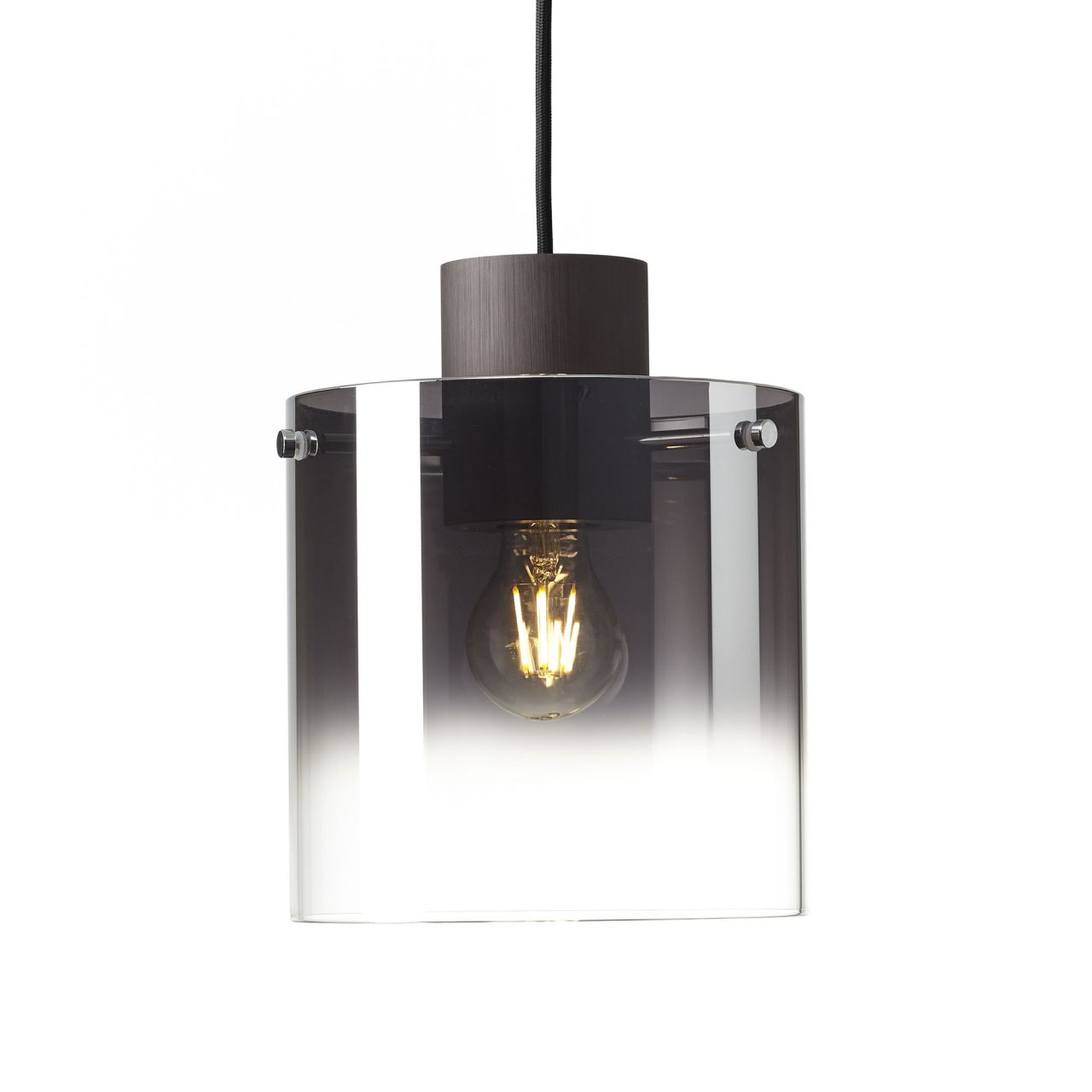 Hängeleuchte mit Holzkopf, getöntem Glaszylinder und Glühbirne.