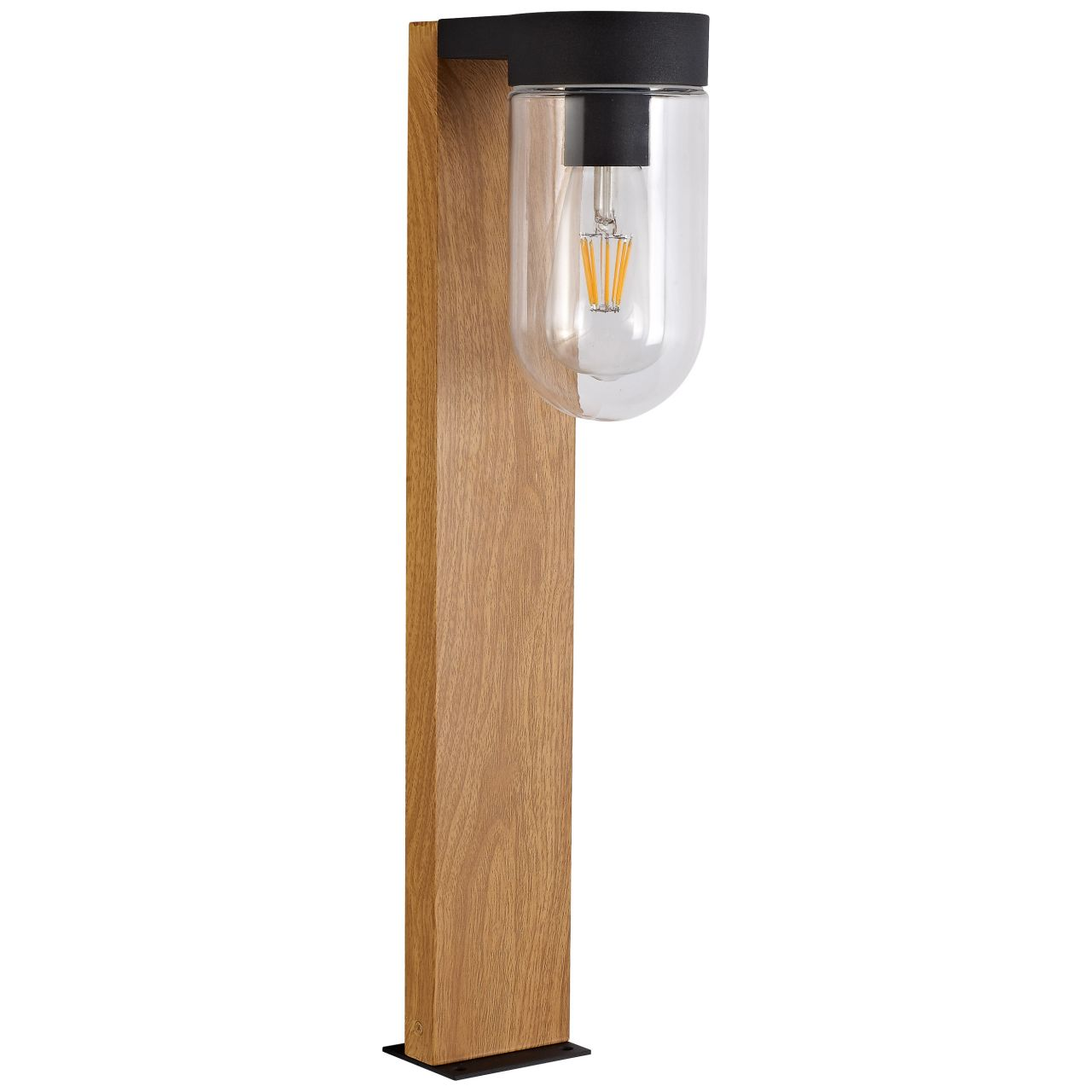 Ein Holzpfosten mit einer Glaskolbenlampe und schwarzem Sockel.