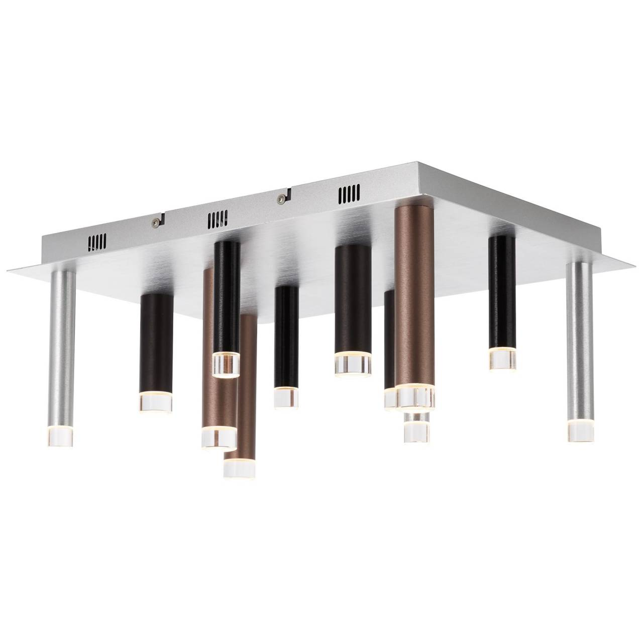 Ein rechteckiger Deckenventilator mit acht hängenden Zylindern in Schwarz, Kupfer und Silber.