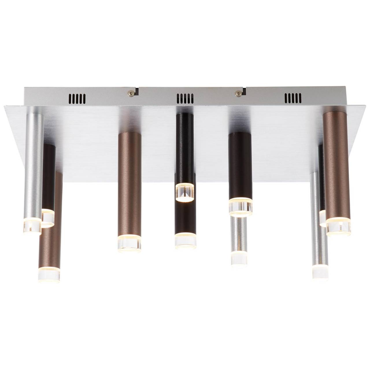 Eine Deckenleuchte mit silbernem Sockel und mehreren zylindrischen Lampen in Schwarz, Braun und Silber.