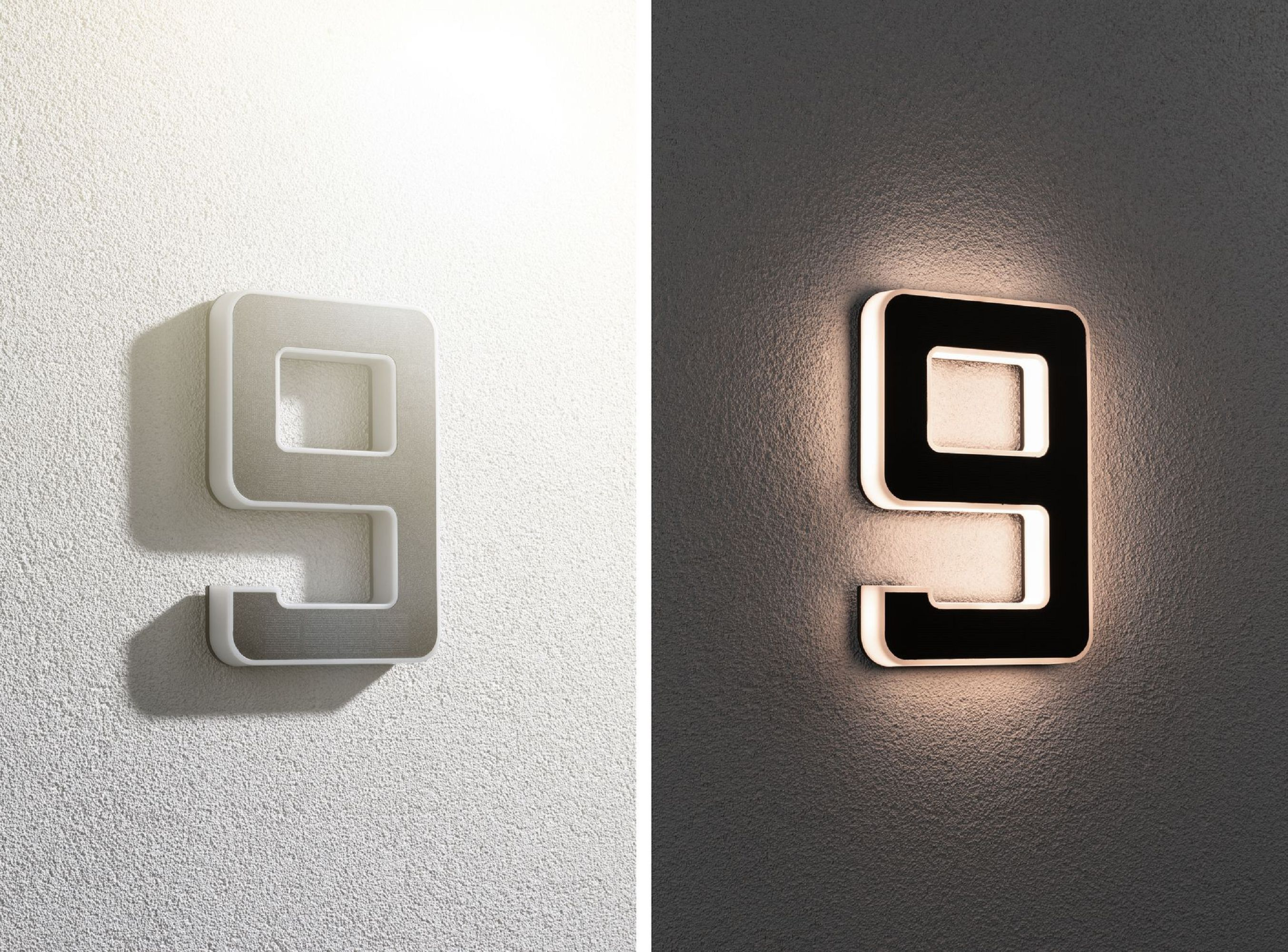 Dwa podświetlane znaki z numerem 9 na ścianie, jeden podświetlony, drugi nie.