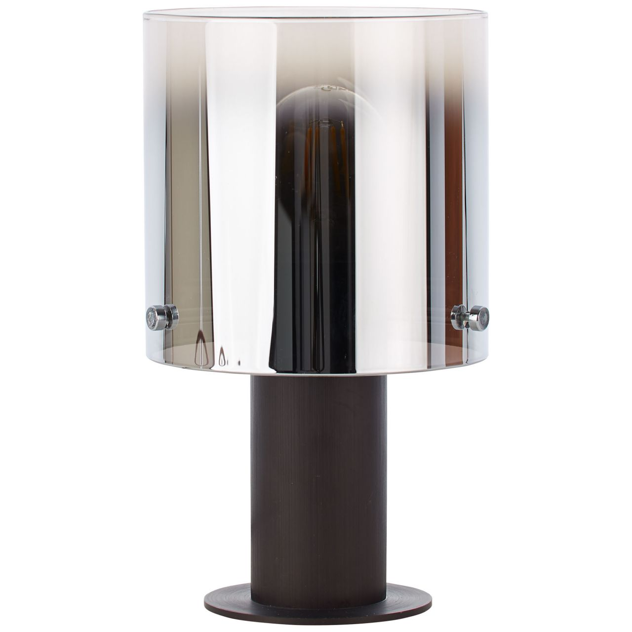 Moderne Tischleuchte mit dunklem Sockel und zylindrischem Rauchglas-Schirm.