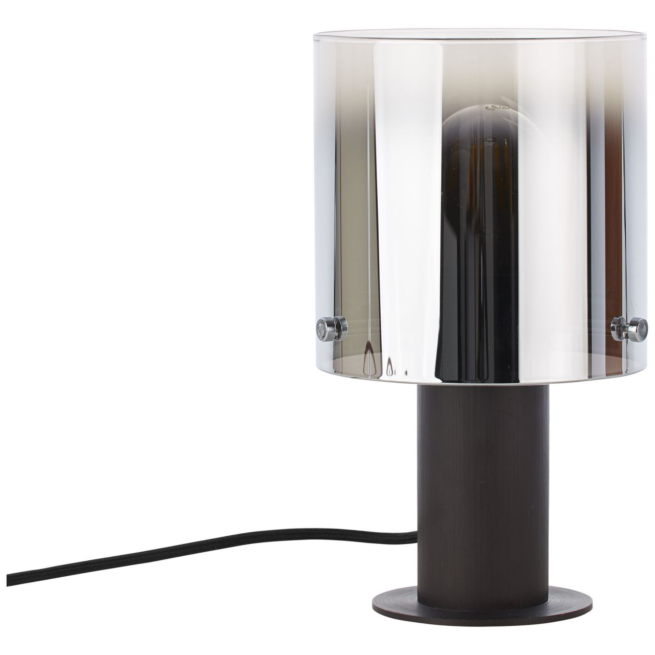 Dunkle Tischlampe mit zylindrischem Rauchglas-Schirm und sichtbarer Glühbirne.