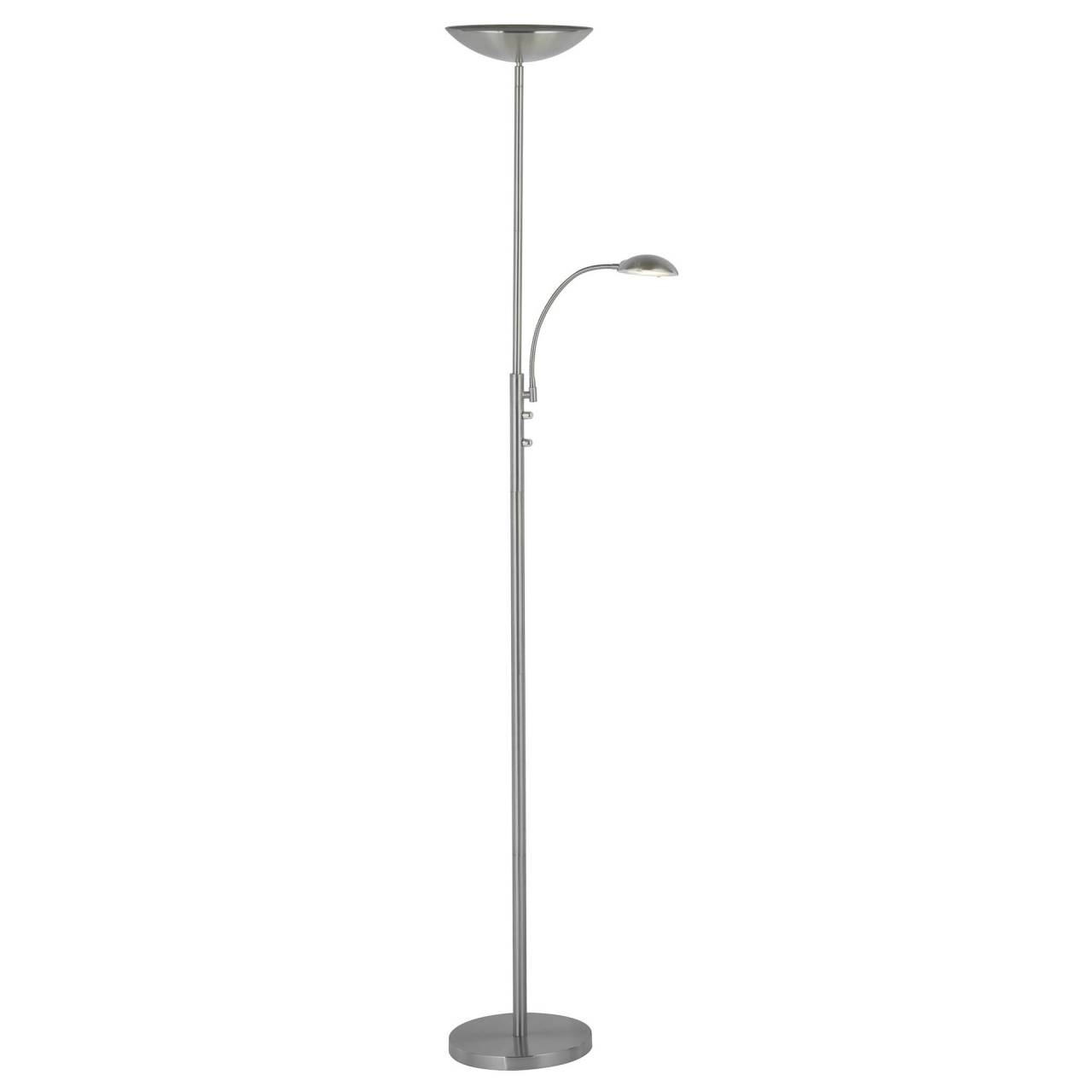 Eine silberne Stehlampe mit zwei Lichtern, einem oberen und einem flexiblen Lesearm.