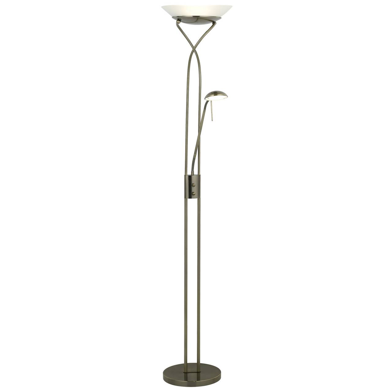 Eine moderne Stehleuchte mit zwei Lichtern, metallisch.