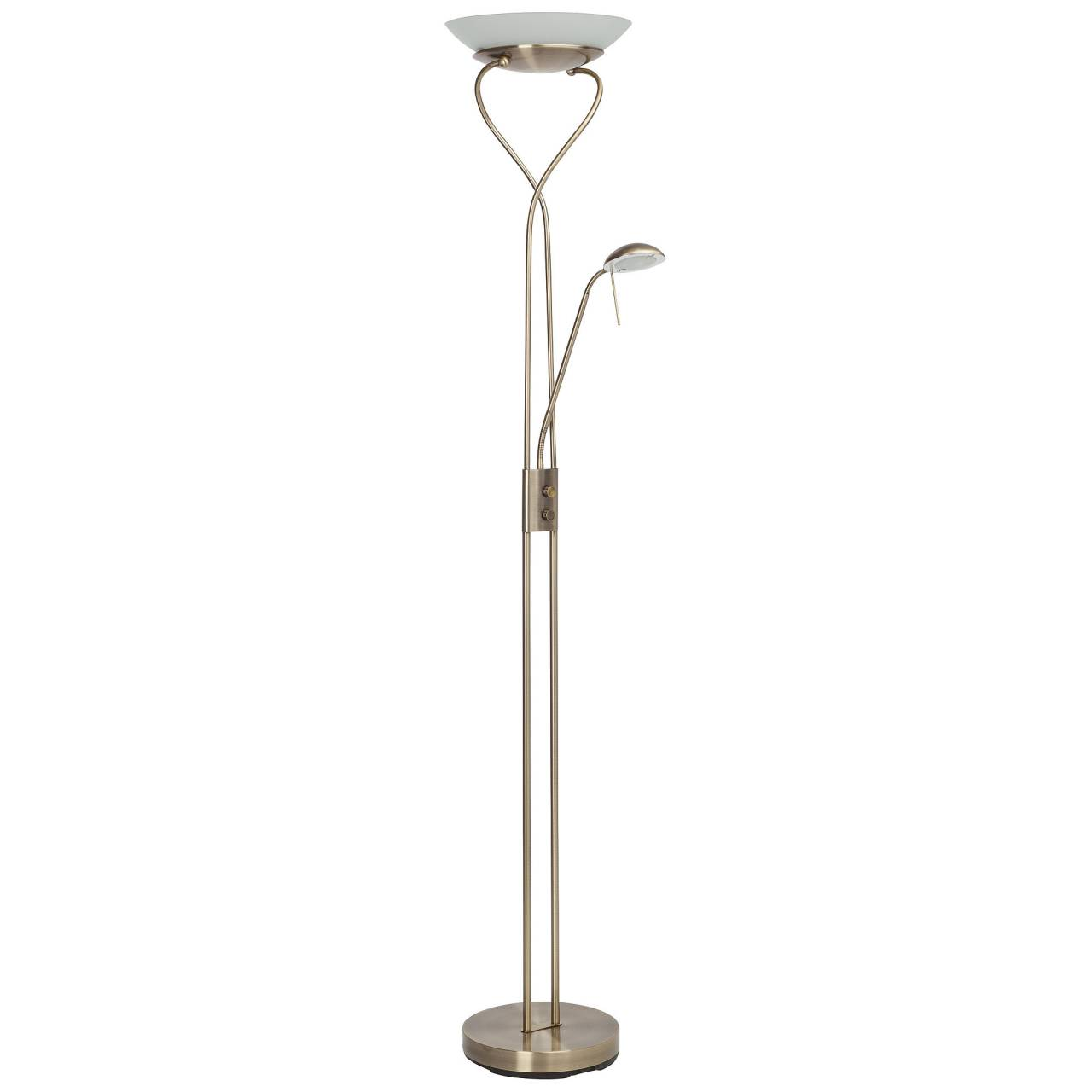 Eine Stehlampe mit einem breiten oberen Lampenschirm und einer kleineren Leselampe.