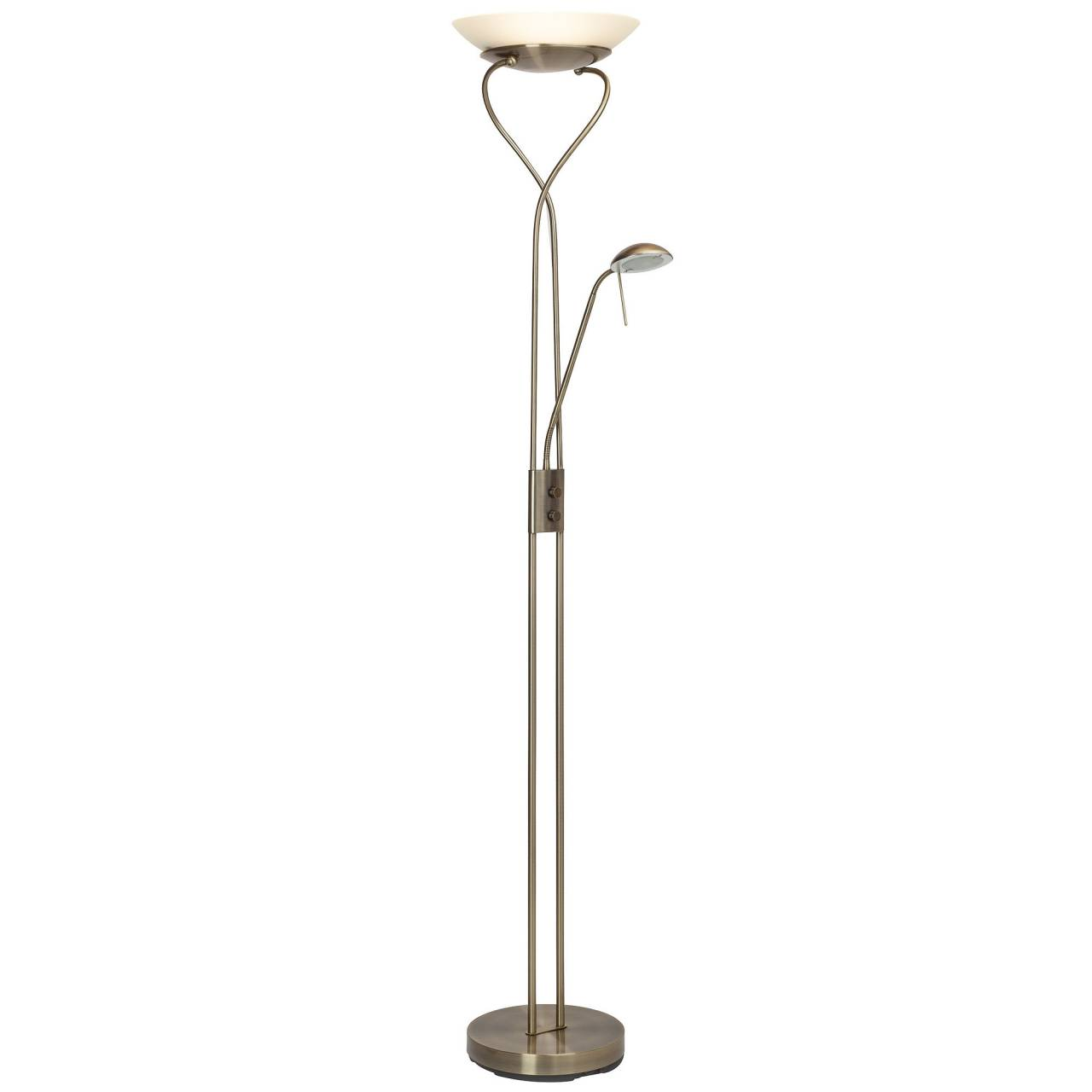Eine Stehlampe mit zwei Lichtern in Messingoptik, weißem Schirm oben und kleinem, verstellbarem Licht.