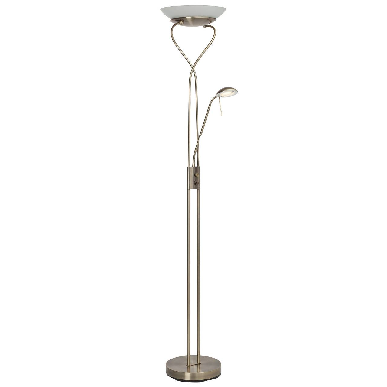 Eine moderne Stehlampe mit zwei Lichtquellen und einem runden Sockel.
