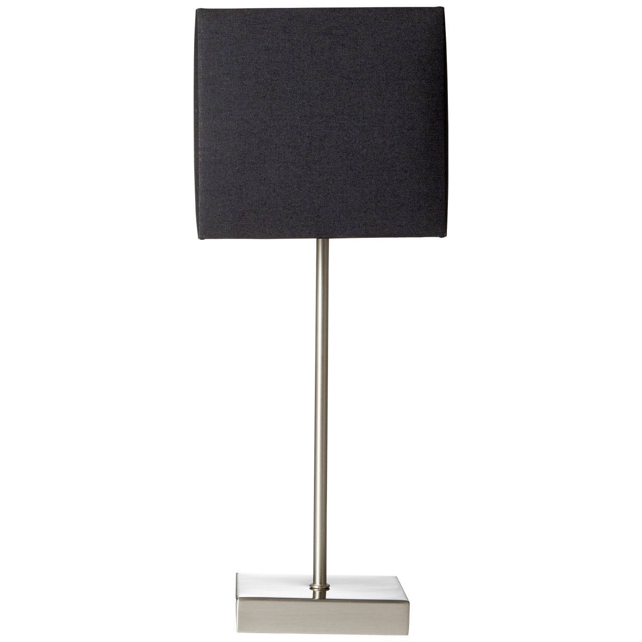 Moderne Stehlampe mit rechteckigem, dunklem Stoffschirm und schlankem Metallsockel.