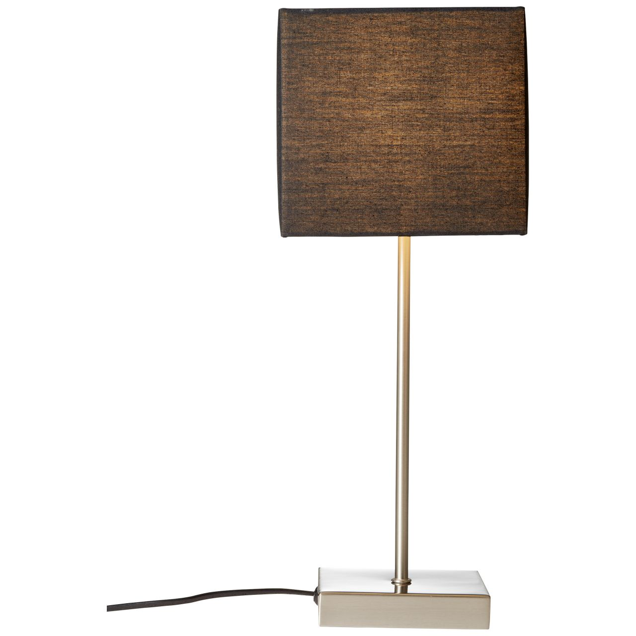 Eine rechteckige schwarze Lampe mit einem silbernen Ständer und Sockel auf weißem Hintergrund.
