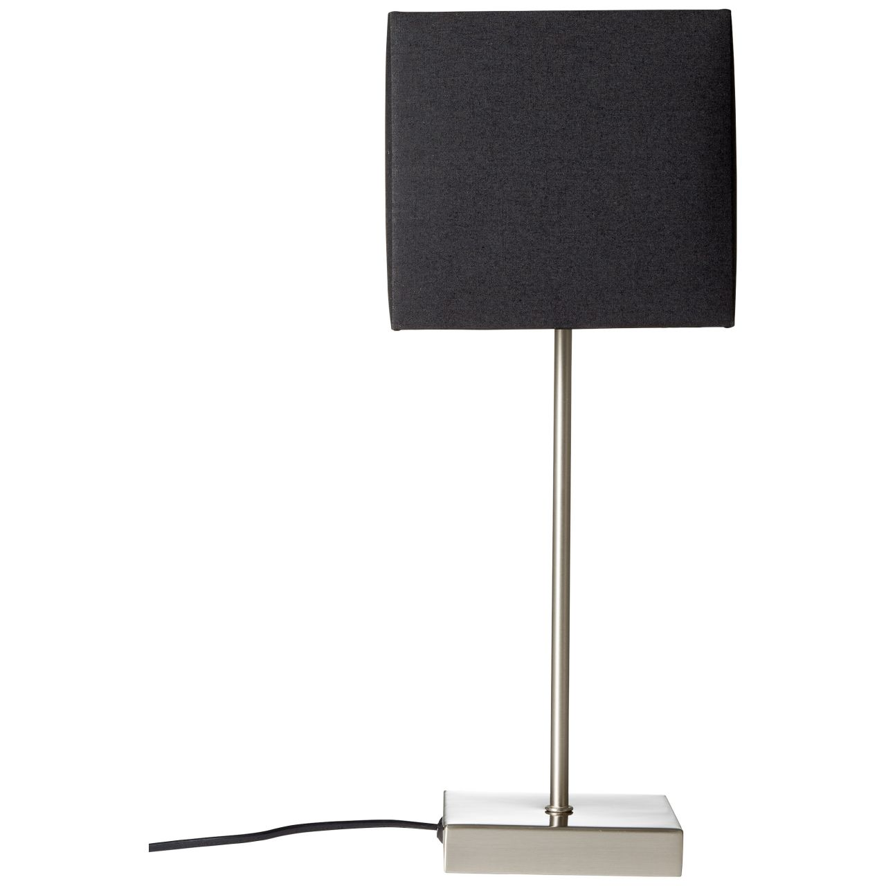 Eine moderne Tischlampe mit rechteckigem schwarzem Schirm und silbernem Ständer auf weißem Hintergrund.