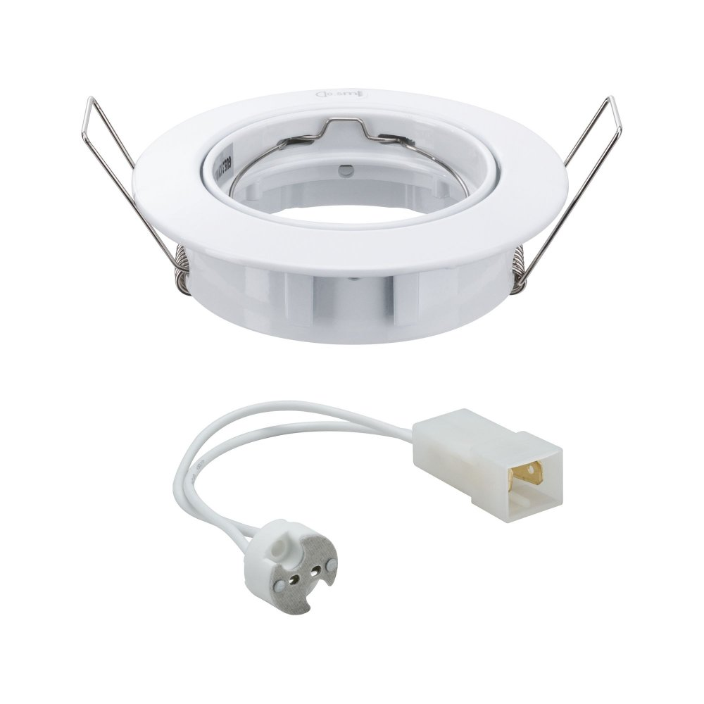 Weiße Einbauleuchte mit Metallrahmen und Stecker.